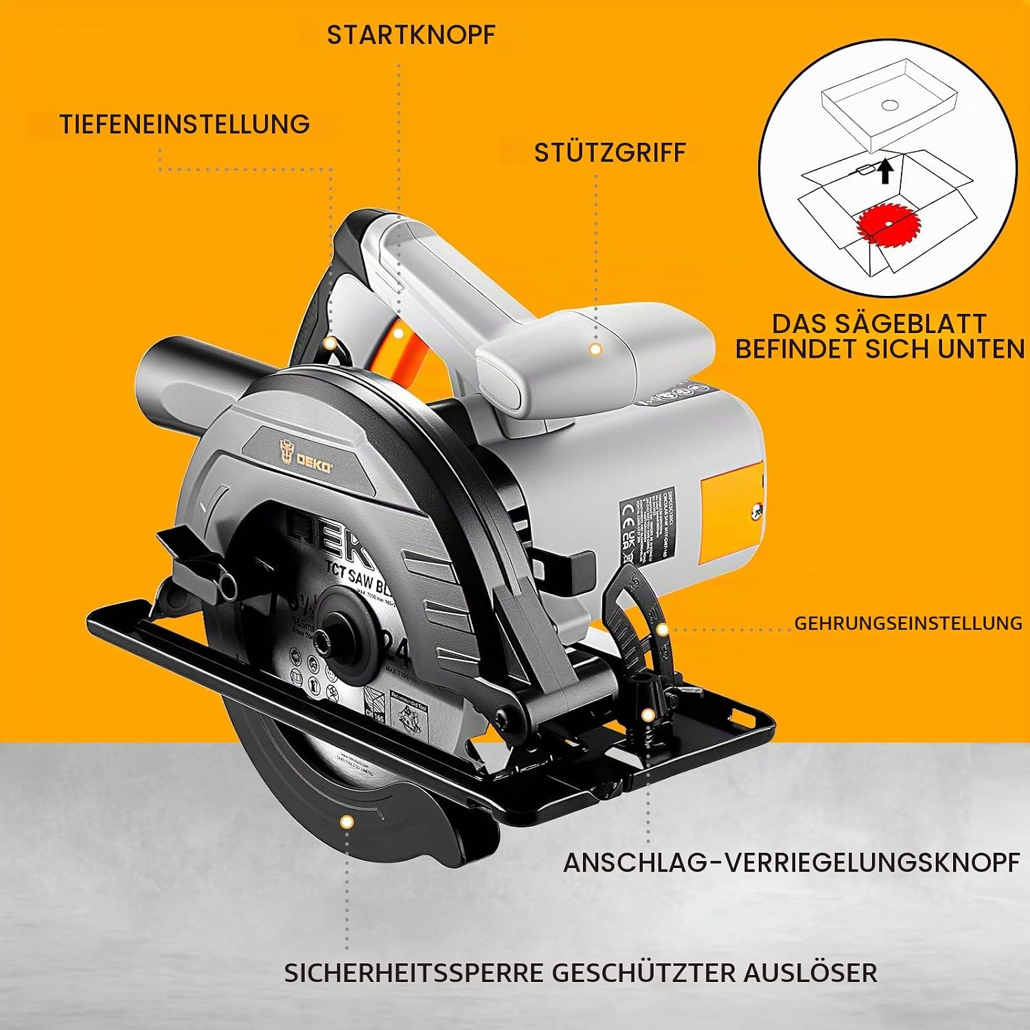 DEKOPRO Handkreissäge 1200W mit Kabel, Kreissäge mit Ø165mm Sägeblatt (24 Zähne), 4.800 U/min, Schnitttiefe bis 55mm (90°) und 33mm (45°), inkl. Parallelanschlag, für Holz – Bild 8