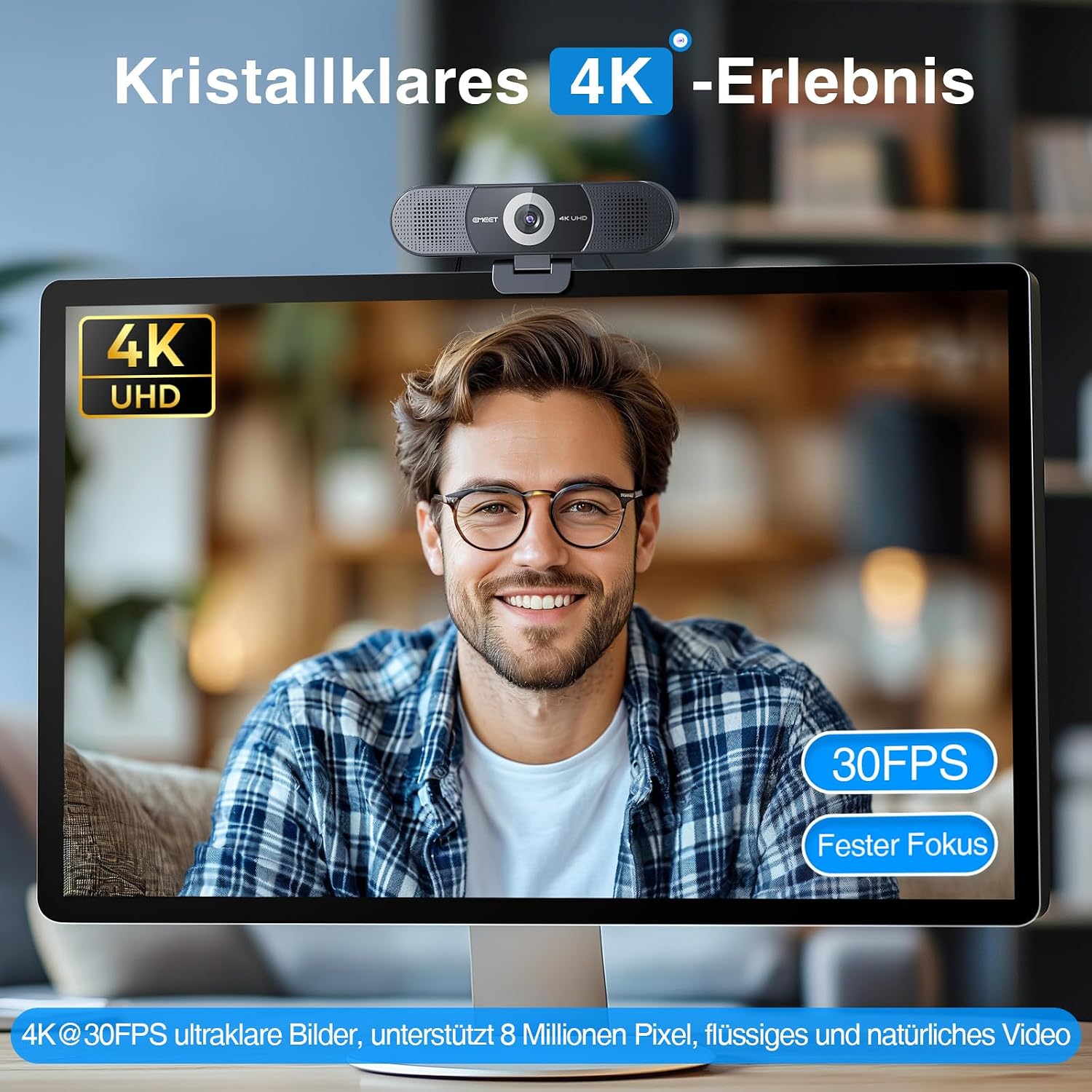 EMEET C980 Pro 4K Webcam mit Lautsprecher & Mikro, 3-in-1 für Meetings 3-in-1 Audio & Video|4 Clear-Mics mit ANC|2 Audio-Lautsprecher|60°-98° Weitwinkel|Plug & Play via USB|Fester Fokus (FF) – Bild 4