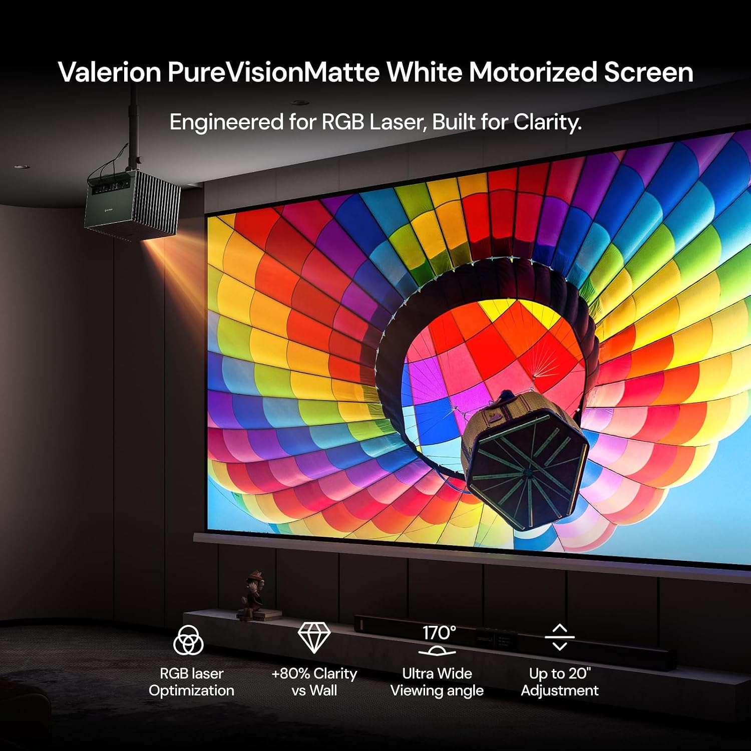 Anti-Speckle Valerion Plus2 4K Triple-Laser-Projektor Bundle mit 120" motorisierter Leinwand & Desktop-Gimbal-Ständer, Premium Heimkino-Setup – Bild 3
