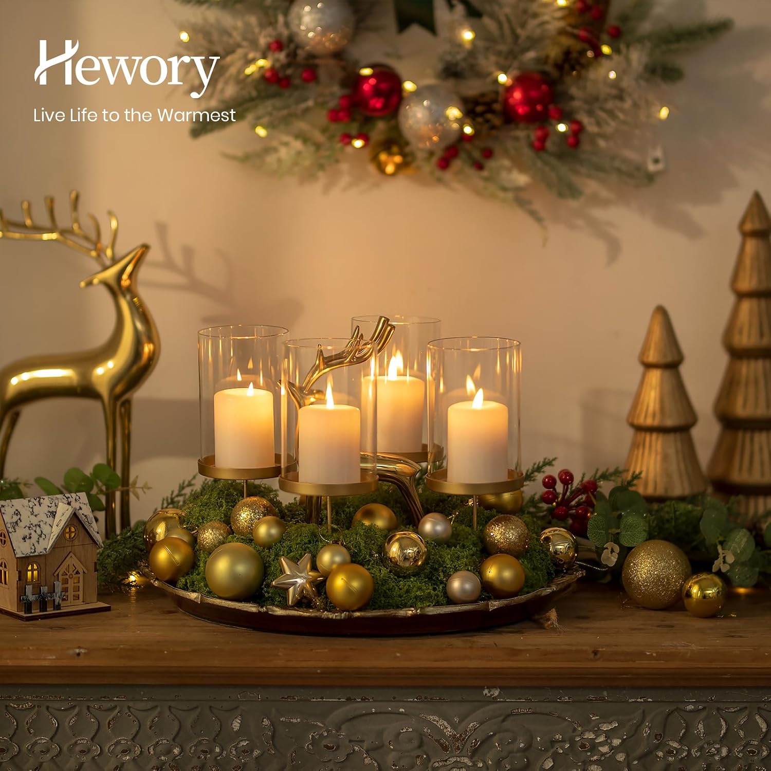 Hewory Adventskranz Kerzenhalter Gold mit Glaszylinder Deko 4er Set Ø8cm – Bild 4