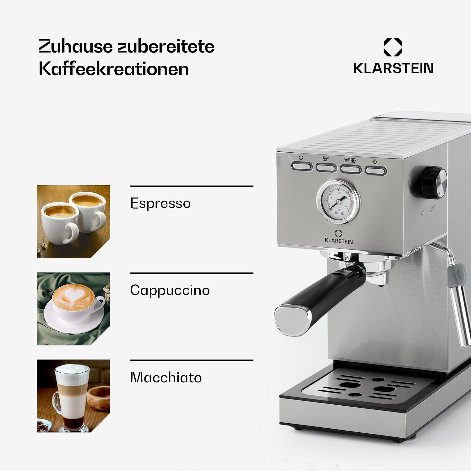 Klarstein Pausa Espressomaschine, Siebträgermaschine 1350 Watt, 20 Bar Druck, Wassertank 1,4 Liter Edelstahl, silber – Bild 4