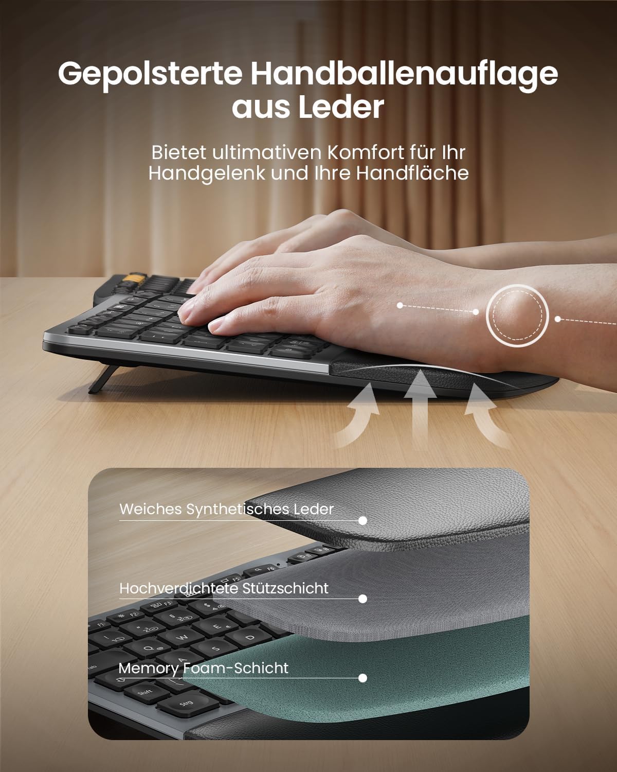 ProtoArc EK01 Plus Beleuchtet Ergonomische Tastatur Kabellos, Full Size – Bild 5