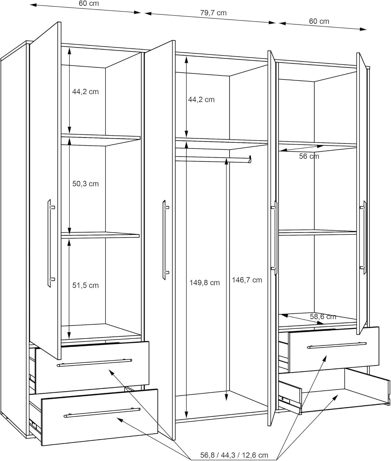 FORTE Jupiter Schrank 200 210, Kleiderschrank, Drehtürenschrank, 4-türig, mit 4 Schubladen und Einlegeböden, Weiß mit Holz Dekor: Sonoma Eiche, 206 cm breit x 59 cm tief x 200 cm hoch – Bild 7