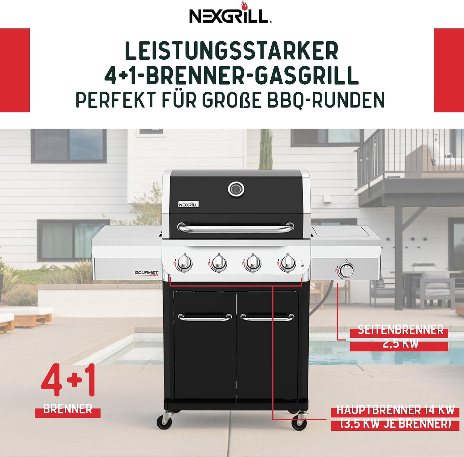 Nexgrill Gourmet Pro 4-Brenner Gasgrill mit Seitenkochfeld & Plancha (Griddle-Max System) – Edelstahl Gasgrill mit porzellanbeschichteten Gusseisenrosten, Ideal für Garten, Balkon & BBQ-Events – Bild 2
