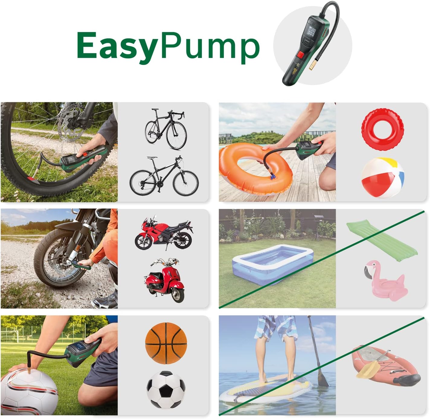 Bosch elektrische Fahrradpumpe/Luftpumpe/Mini Kompressor EasyPump (3,0 Ah Akku; 3,6 Volt; Autostop-Funktion; 150 PSI; 10,3 bar; LED; USB-C®; 3X Adapter; Schnellanschlussstecker; Fahrradtasche) – Bild 3
