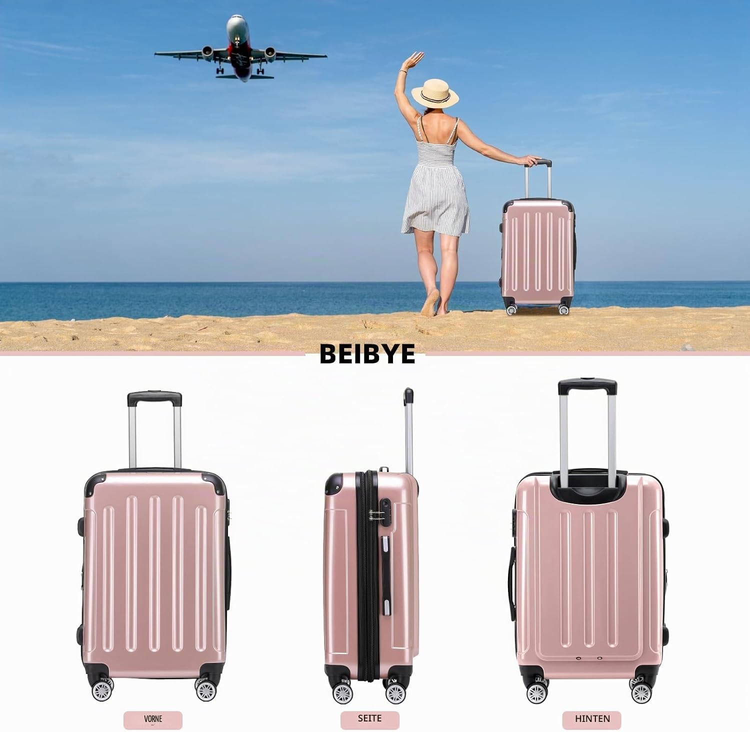 BEIBYE- 3er Kofferset Hartschalen-Koffer Reisekoffer Trolley Rollkoffer Set Reisekofferset (Rosa Gold) – Bild 2
