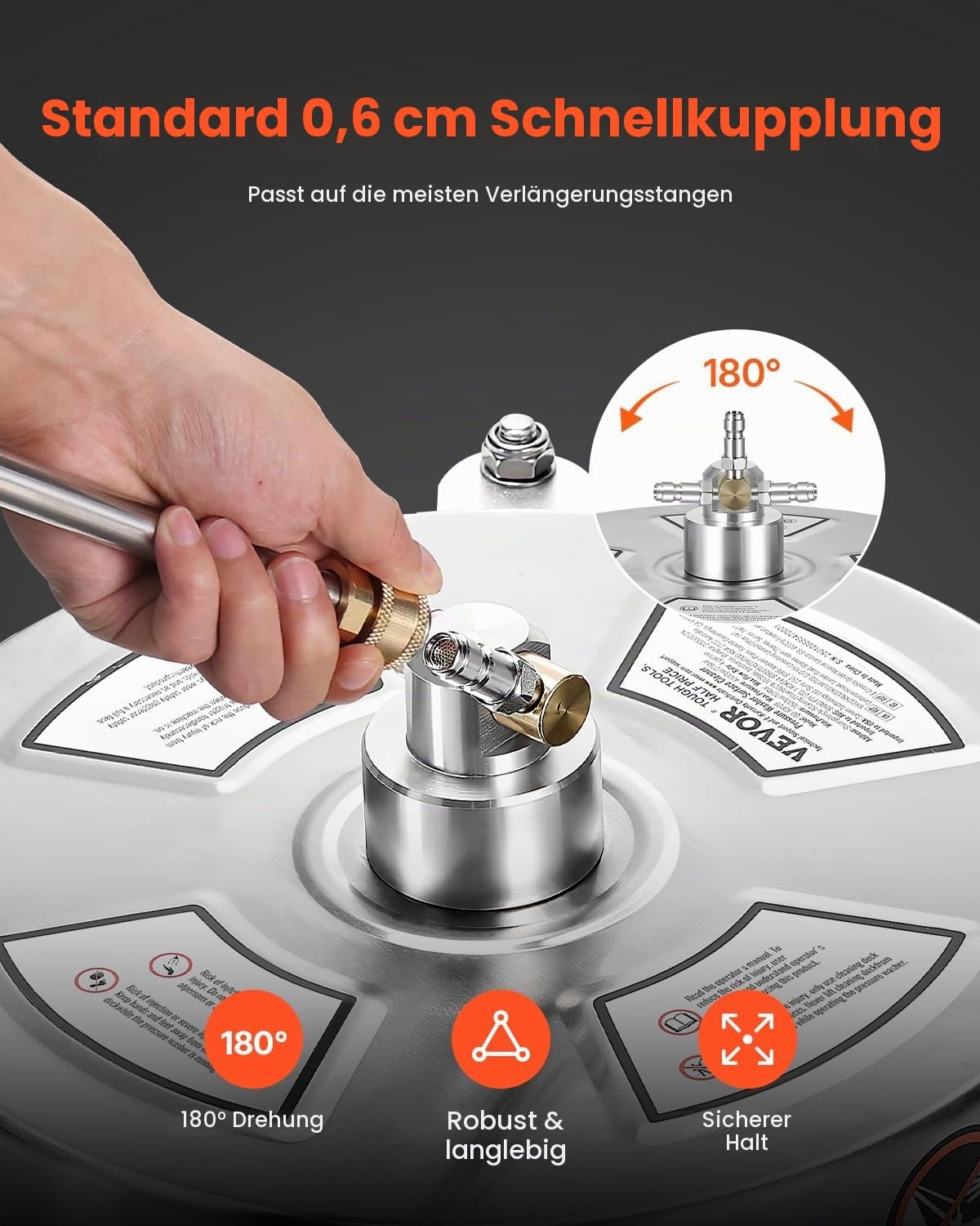 VEVOR 325 mm Hochdruckreiniger, Oberflächenreiniger, Flächenreiniger aus Edelstahl mit 4 Rädern, max. 4000 PSI, 6,35 mm Schnellanschluss, 2 Sprühdüsen, 2 verlängerte Stäbe für Beton, Terrasse, Deck – Bild 4