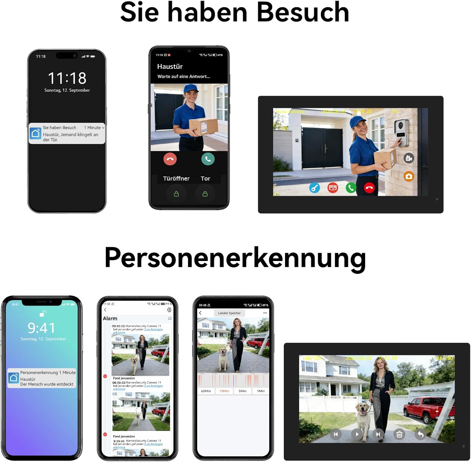 Video Türklingel mit Kamera, 2-Draht, Türsprechanlage mit 7" Farb-Touchscreen, Entsperren und Zwei-Wege-Audio, Gegensprechanlage mit Türöffner, Personenerkennung – Bild 7
