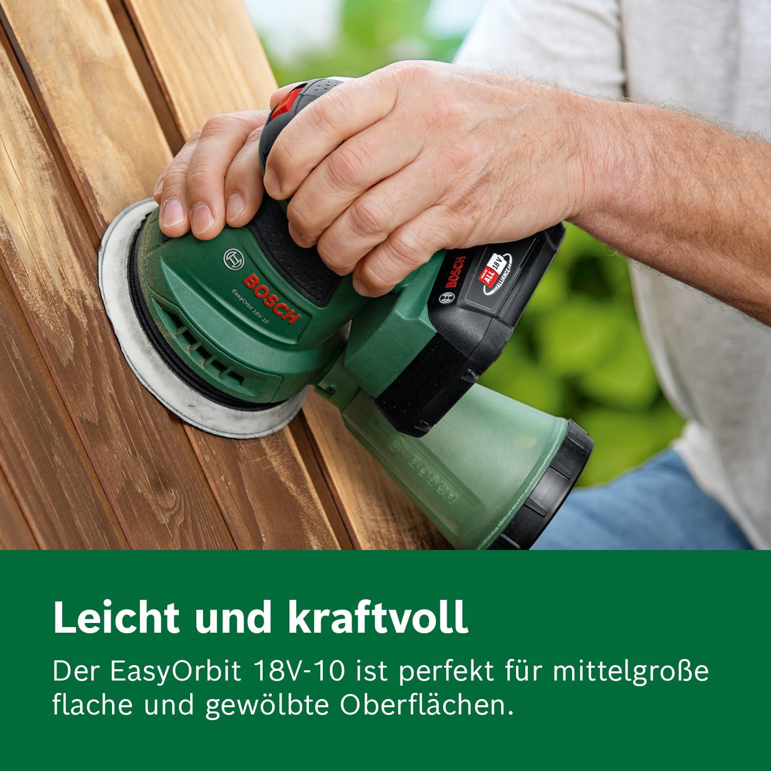 Bosch Akku-Exzenterschleifer EasyOrbit 18V-10 (Schleifen von kleinen bis mittelgroßen Holzoberflächen sowie lasierten und lackierten Oberflächen; Durchmesser: 125 mm; Akku 2.0Ah und Ladegerät) – Bild 3