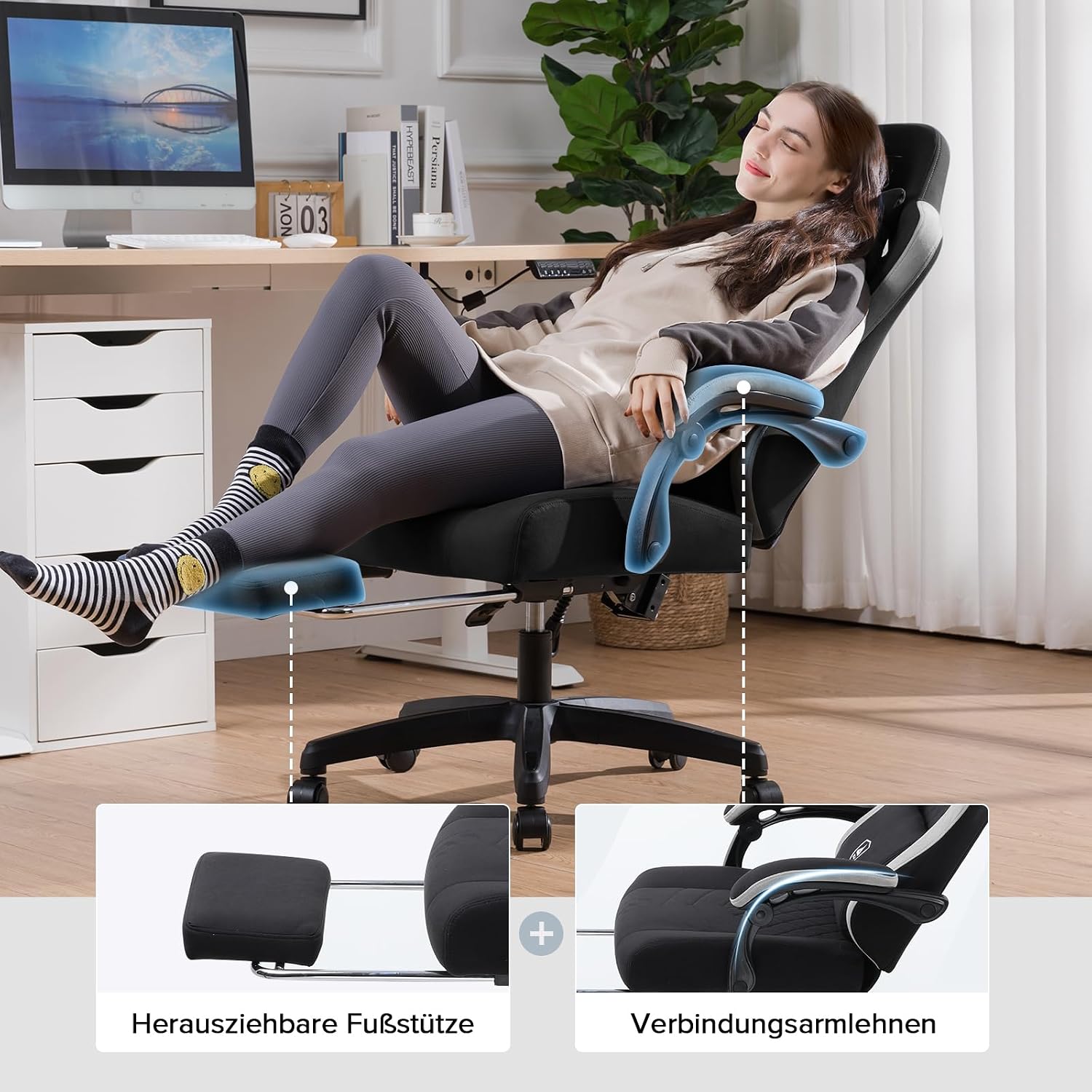 GTPLAYER Gaming Stuhl Ergonomischer Gaming Sessel Schreibtischstuhl mit Stoffoberfläche, Federsitzkissen, Verbindungsarmlehnen und Fußstütze 150KG, hellschwarz – Bild 8