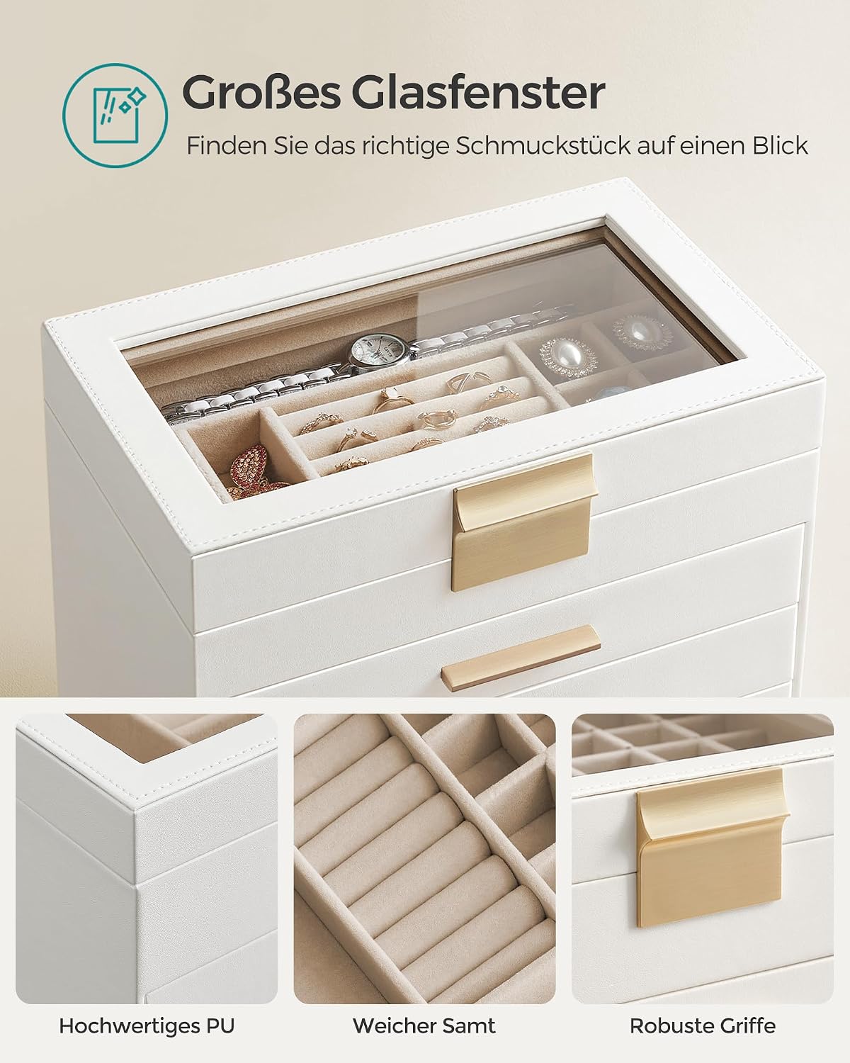 SONGMICS Schmuckkästchen mit Glasdeckel, 6 Ebenen, 5 Schubladen – Bild 4