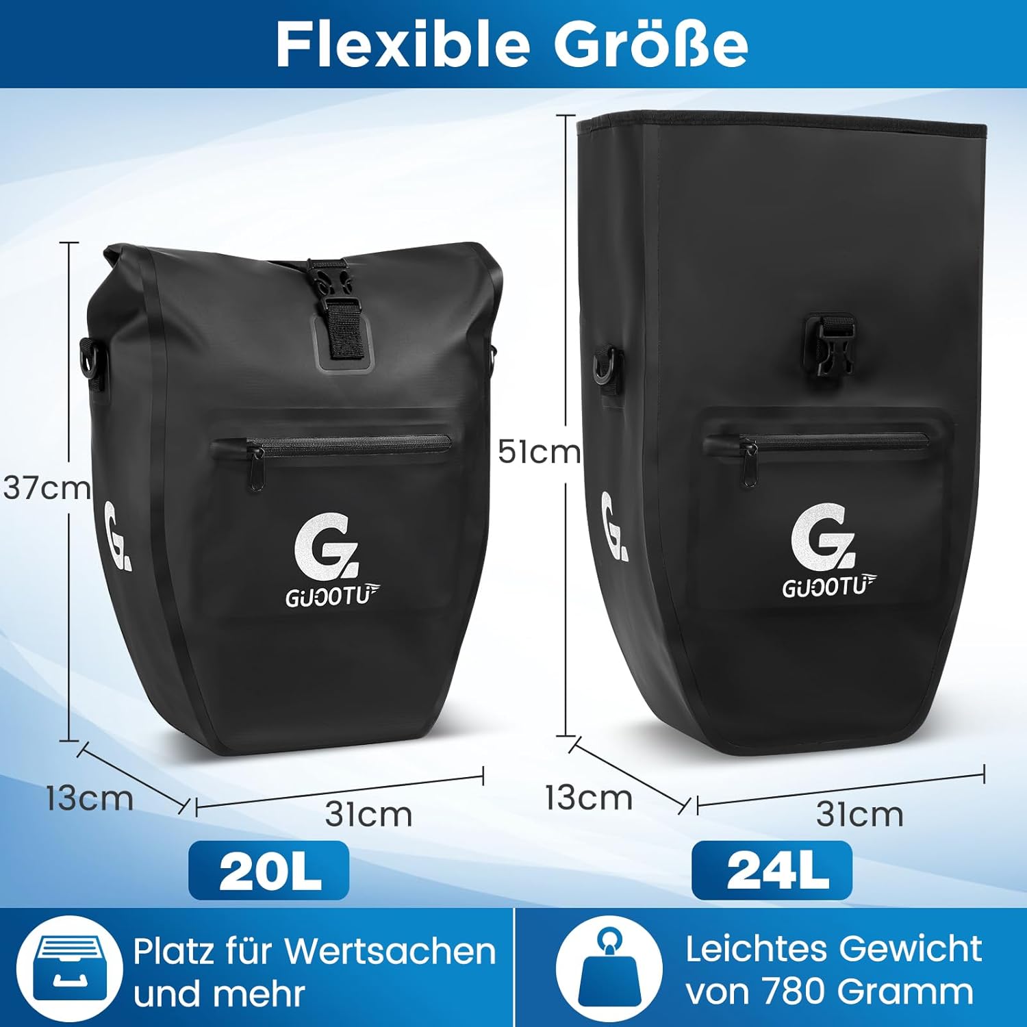 GUOOTU 2 Er Set Fahrradtasche Gepäckträger 48L,aus Tarpaulin Hinten Gepäckträgertasche mit Reflektoren, mit Tragegriff und Schultergurt (Schwarz 24L, 2er Set) – Bild 2