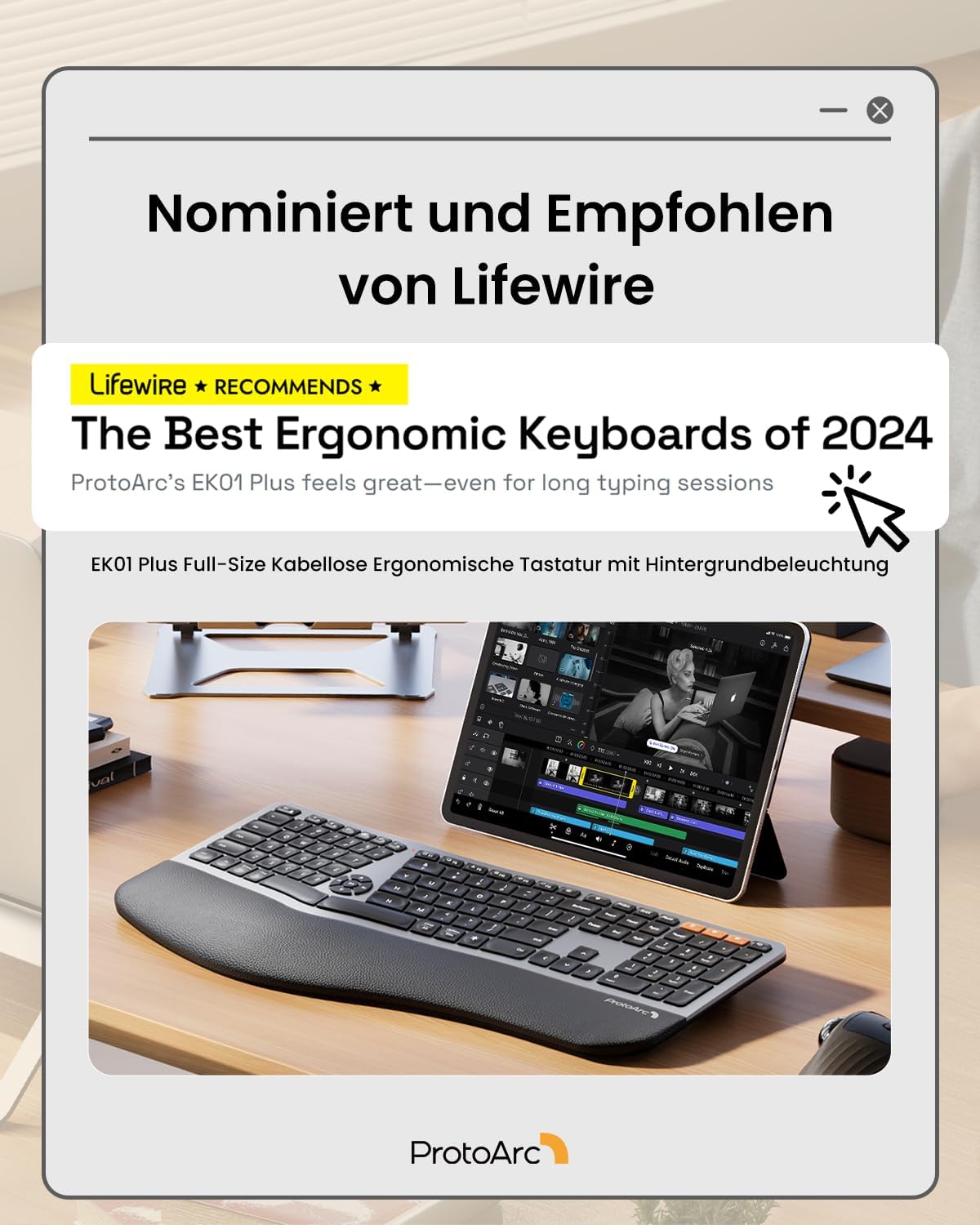 ProtoArc EK01 Plus Beleuchtet Ergonomische Tastatur Kabellos, Full Size – Bild 4