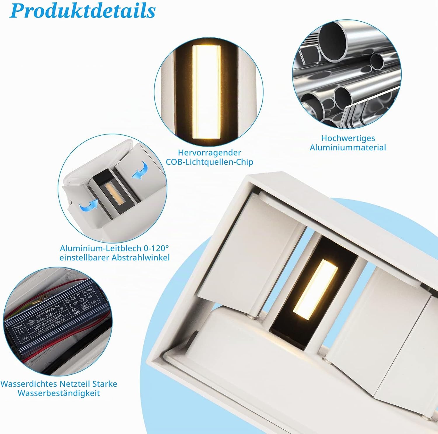 24W LED Wandleuchten Innen/Außen Weiß,IP65, 4 Stück – Bild 7