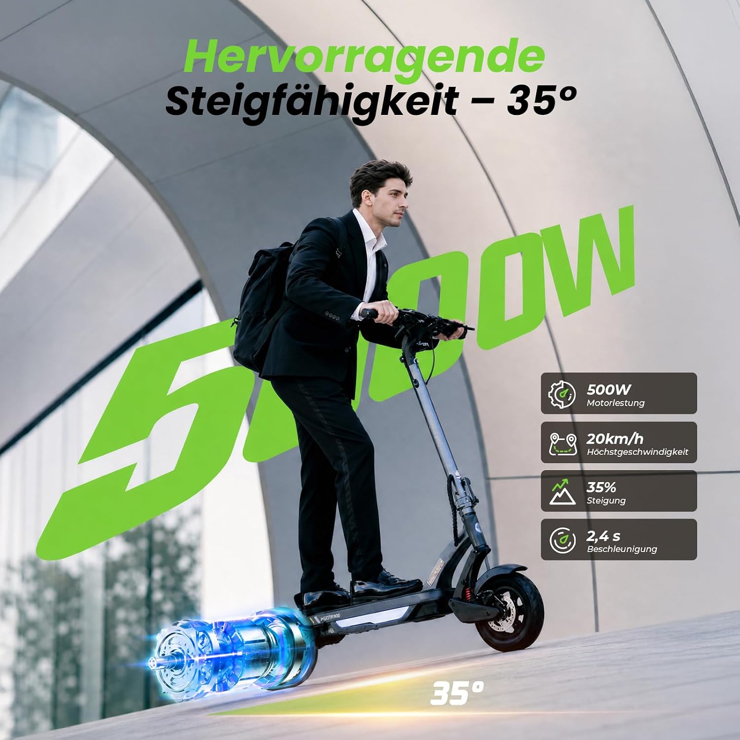 isinwheel S-Nova Pro E Scooter mit Straßenzulassung, Bis 70km Reichweite 500W Motor, Federung & Luftreifen für maximalen Fahrkomfort, Klappbar City E-Roller für Pendler – Bild 2