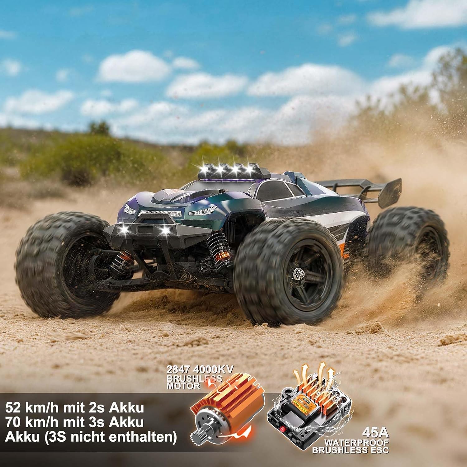 Ferngesteuertes Auto Erwachsene 1:14 Brushless RC Auto 4WD 52 km/h mit Öldruck-Stoßdämpfern, Vollmetall-Antrieb, 2 Akkus & 2 Reifensätzen, Aufrüstbar auf 3S 70 km/h, Elektrischer RC Truck für Jungen – Bild 3
