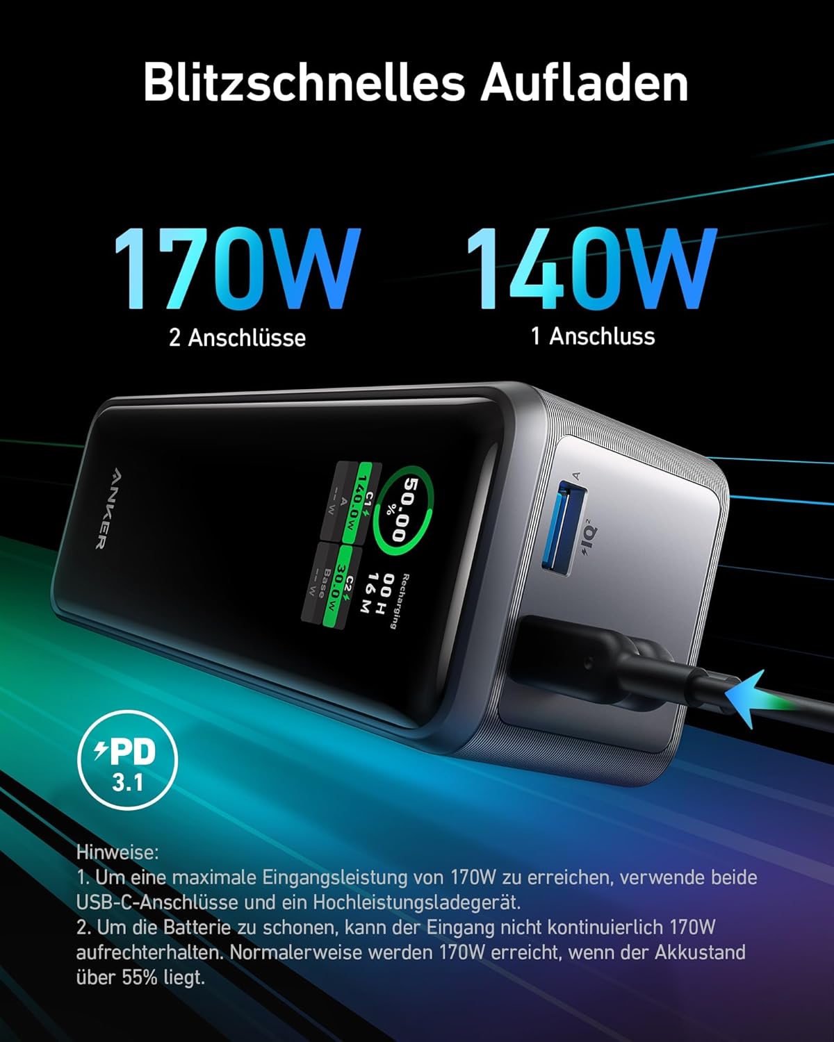 Anker Prime Powerbank, 27650mAh 250W Max, 3 Ports, smarte App-Steuerung – Bild 5