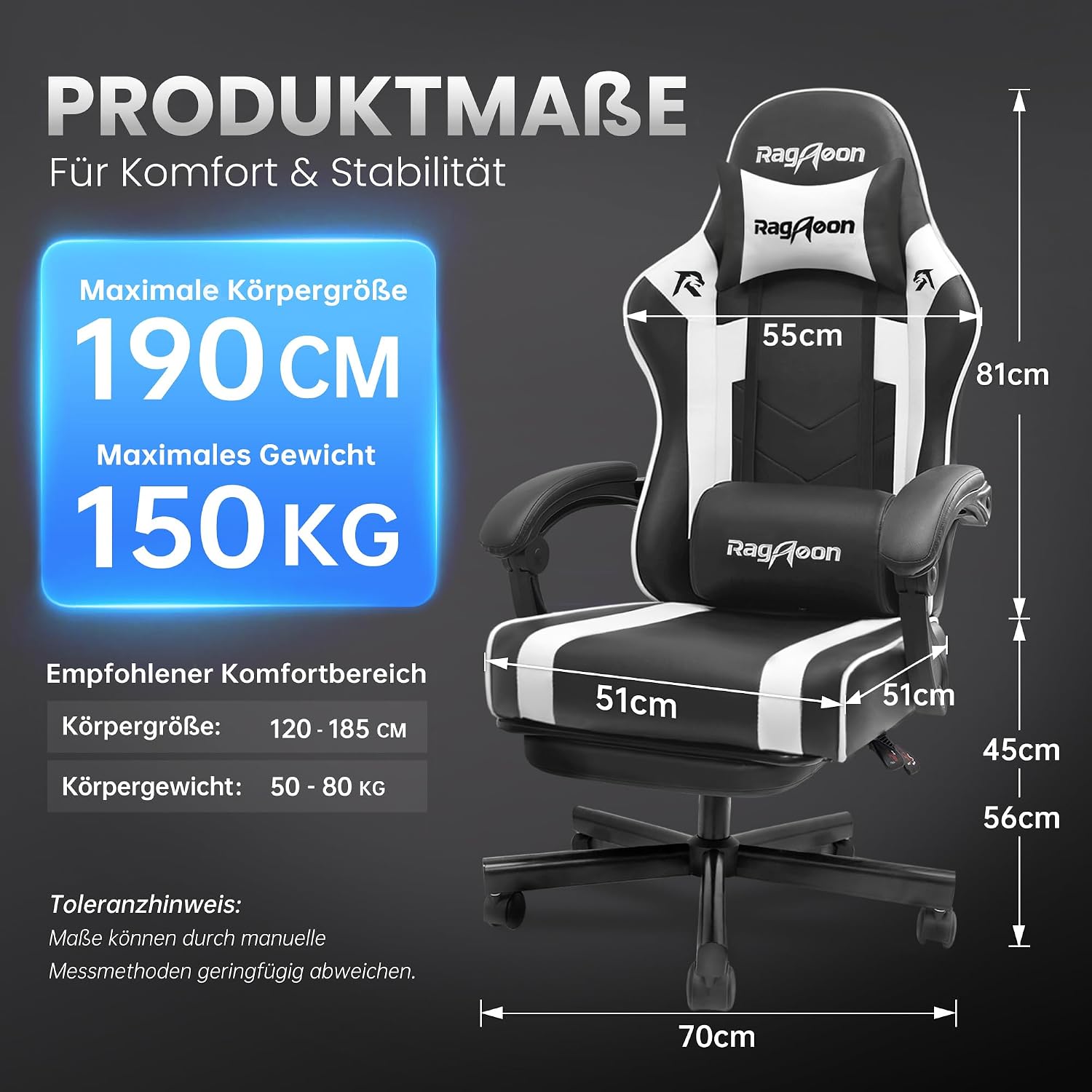 Gaming Stuhl Chair Gamer Sessel - Verstellbarer PC Drehsessel gepolstert Fußstütze Kopf und Lordosenstütze 51 cm Breiter Sitz Stabiler Einteilrahmen 90‑135° Neigung Tragkraft 280 Kg Tiefschwarz – Bild 2