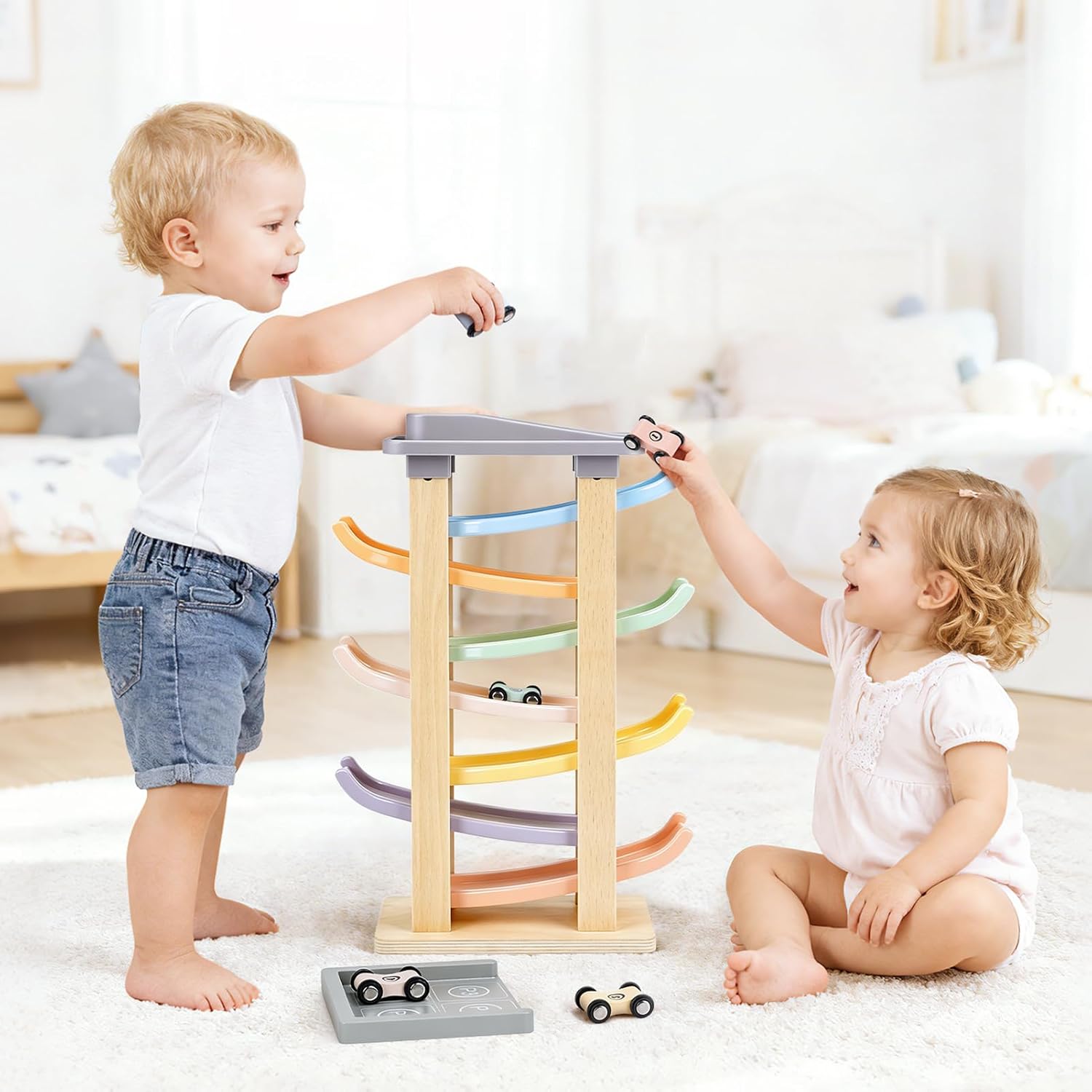 Joyreal Kugelbahn Baby Holz ab 1 2 3 Jahr - Montessori Auto Spielzeug, Kugelbahnen Holzspielzeug Kinderspielzeug Geschenk zum 1. Geburtstag Junge Mädchen Baby – Bild 2