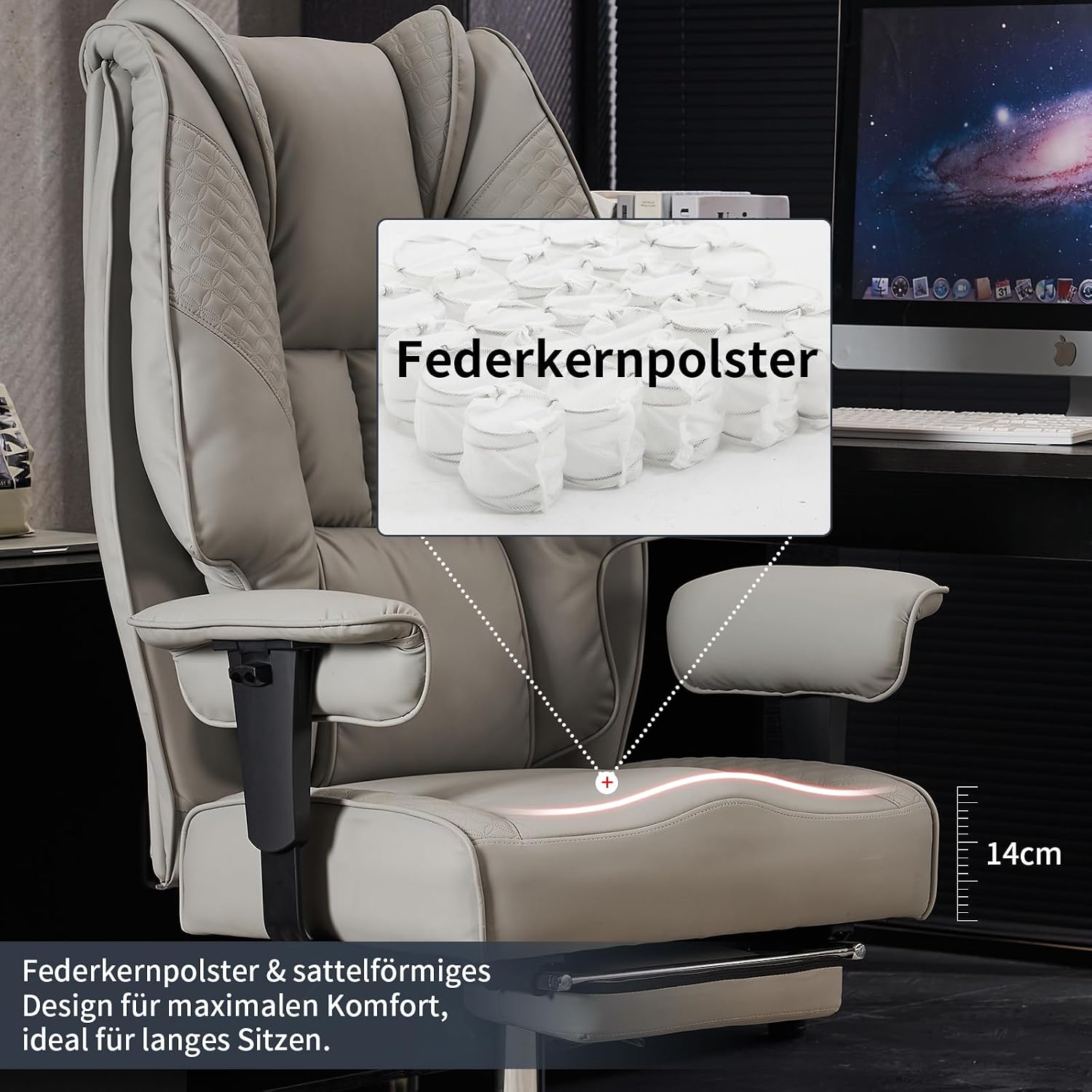 EXCEBET Chefsessel Bürostuhl Ergonomisch 200kg, Schreibtischstuhl mit Fußstütze und 14cm Taschenfederkern, Hochlehner aus Kratzfestem PU Leder, Drehstuhl mit Höhenverstellbaren Armlehnen (Hellgrau) – Bild 7