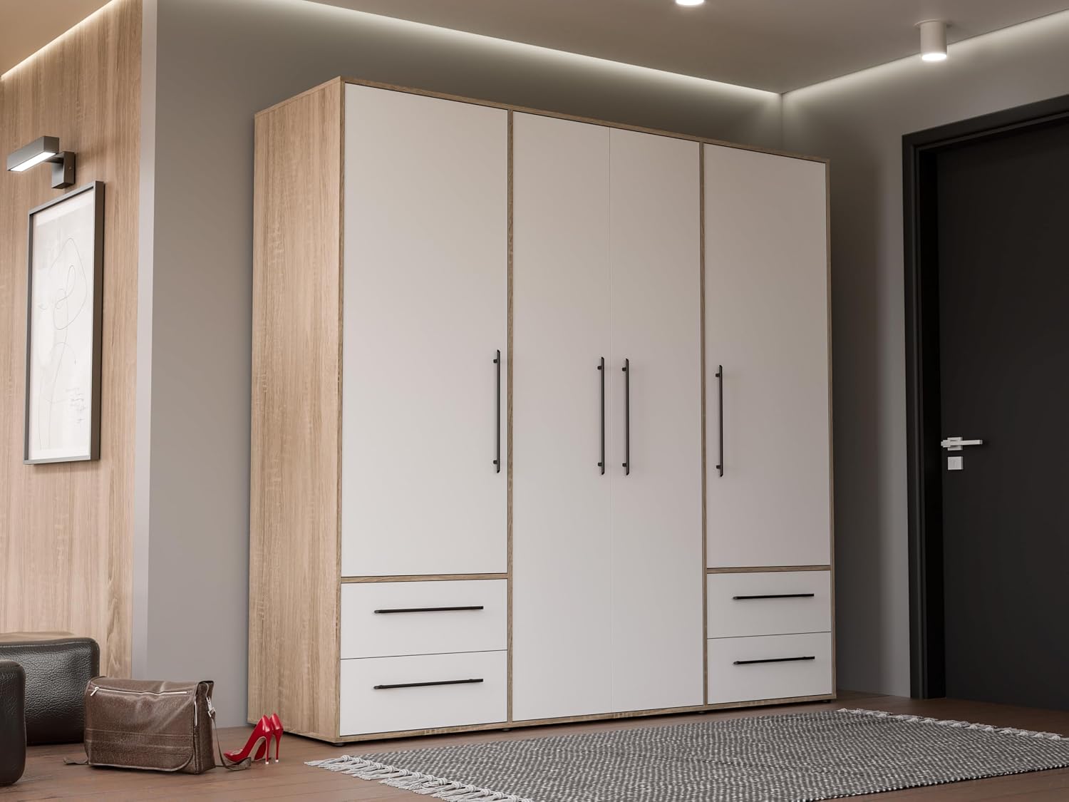 FORTE Jupiter Schrank 200 210, Kleiderschrank, Drehtürenschrank, 4-türig, mit 4 Schubladen und Einlegeböden, Weiß mit Holz Dekor: Sonoma Eiche, 206 cm breit x 59 cm tief x 200 cm hoch – Bild 4