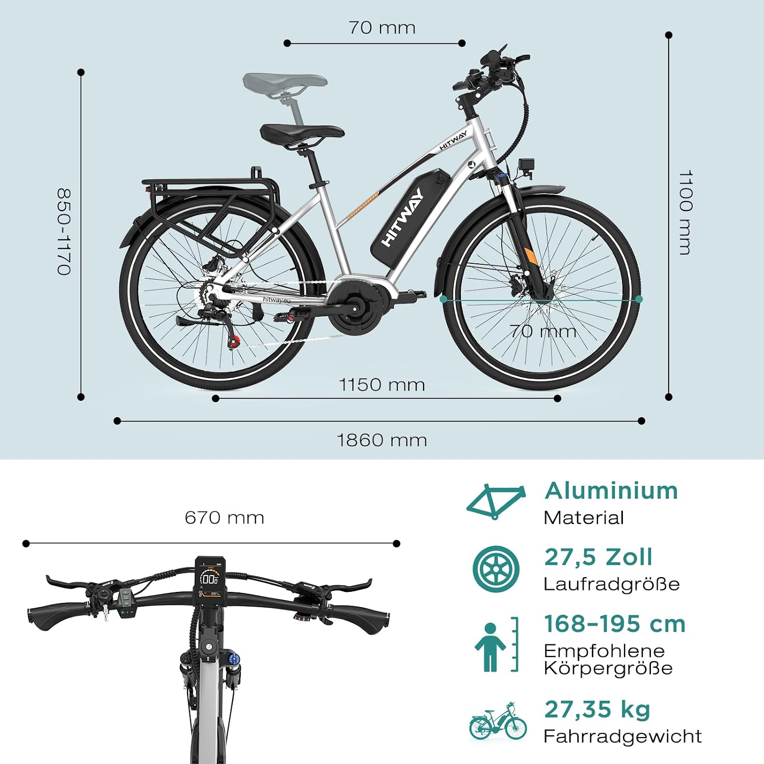 HITWAY 27,5 Zoll E-Bike mit Mittelmotor, 250W, 36V 13Ah Akku, 70 Nm Drehmoment, bis zu 180 km Reichweite, 7-Gang, Pedelec Trekkingrad für Damen und Herren – Bild 8