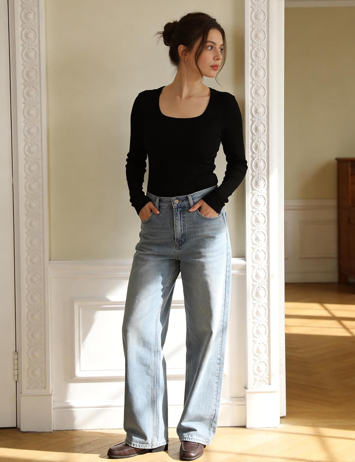 Aottori Langarmshirt Damen U-Ausschnitt Gerippt Basic Shirt Langarm – Bild 5