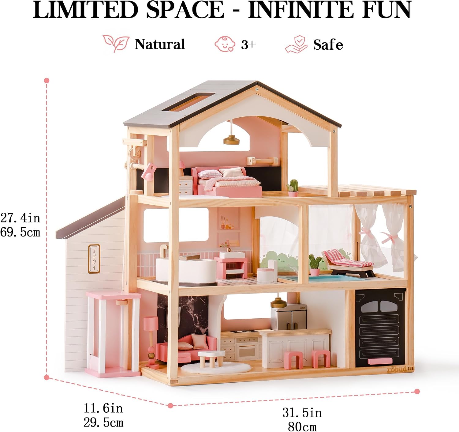 ROBUD Puppenhaus aus Holz,Puppen-Villa mit Möbel,Mit Aufzug, Garage, Pavillon und Schwimmbad,Geschenk für Kinder ab 3, 4, 5, 6 Jahren und älter,Schwarz – Bild 6