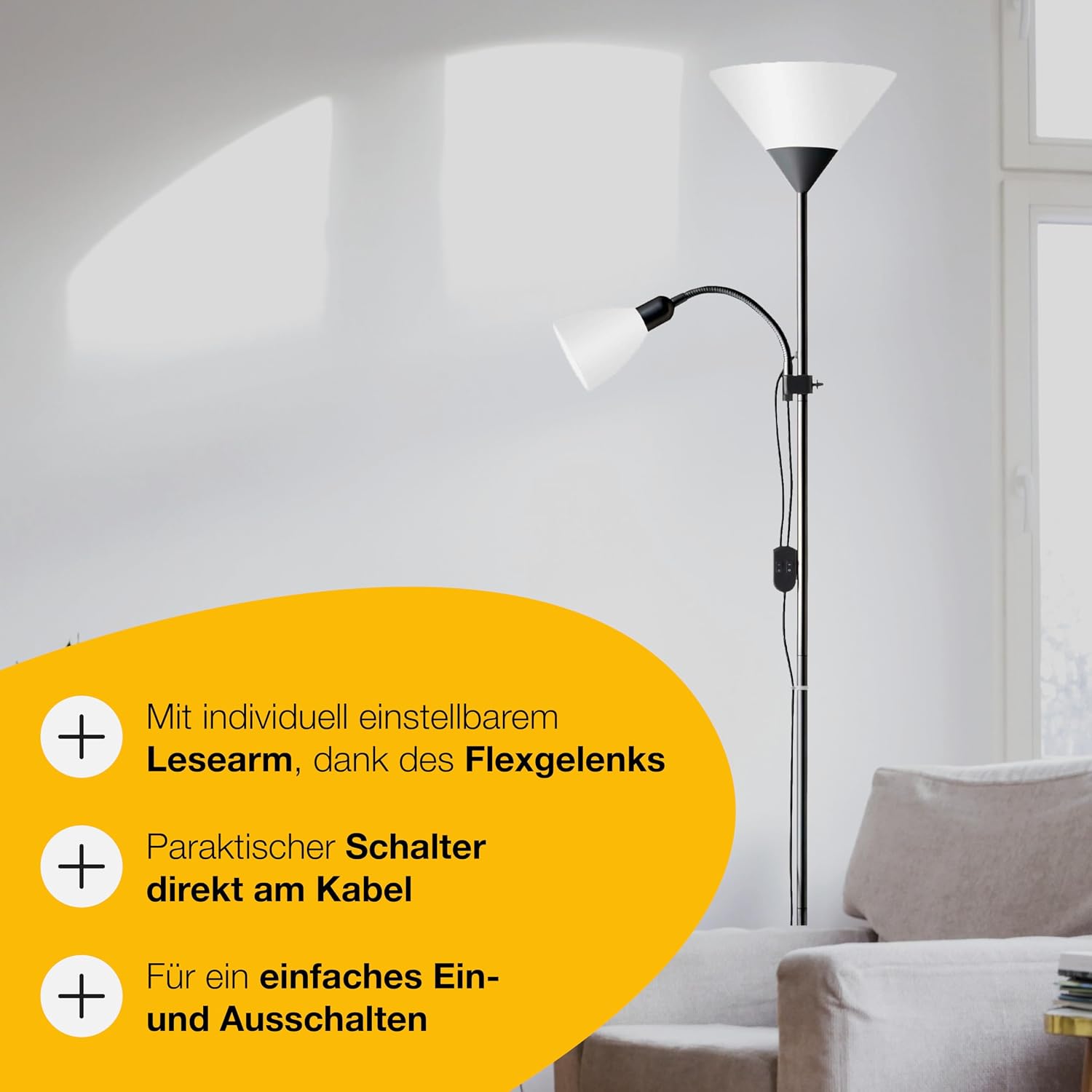 Brilliant Spari Deckenfluter mit Leselampe schwarz, weiß LED Stehlampe 1,8 m Standleuchte für LED-Leuchtmittel geeignet (E27 & E14 Fassung) mit verstellbarem Lesearm – Bild 4