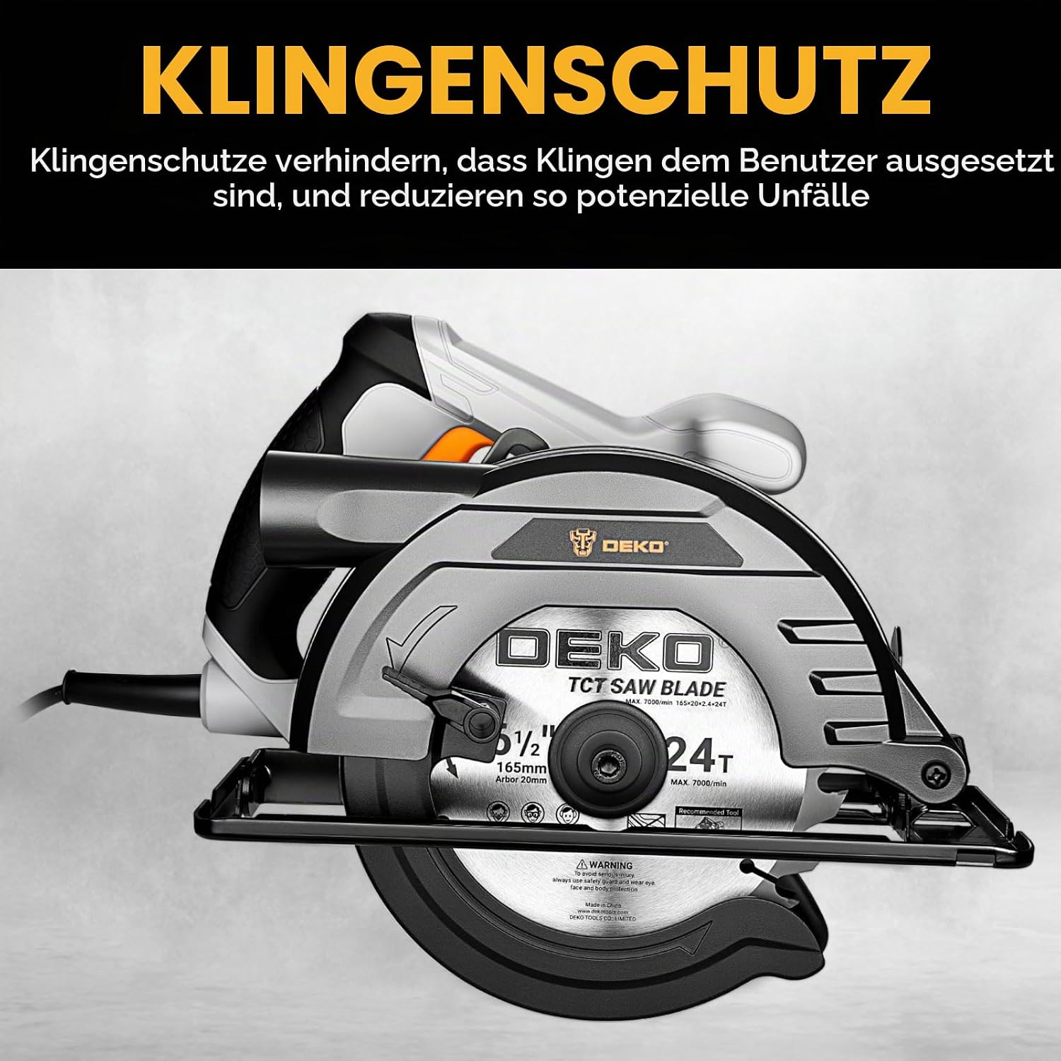 DEKOPRO Handkreissäge 1200W mit Kabel, Kreissäge mit Ø165mm Sägeblatt (24 Zähne), 4.800 U/min, Schnitttiefe bis 55mm (90°) und 33mm (45°), inkl. Parallelanschlag, für Holz – Bild 6
