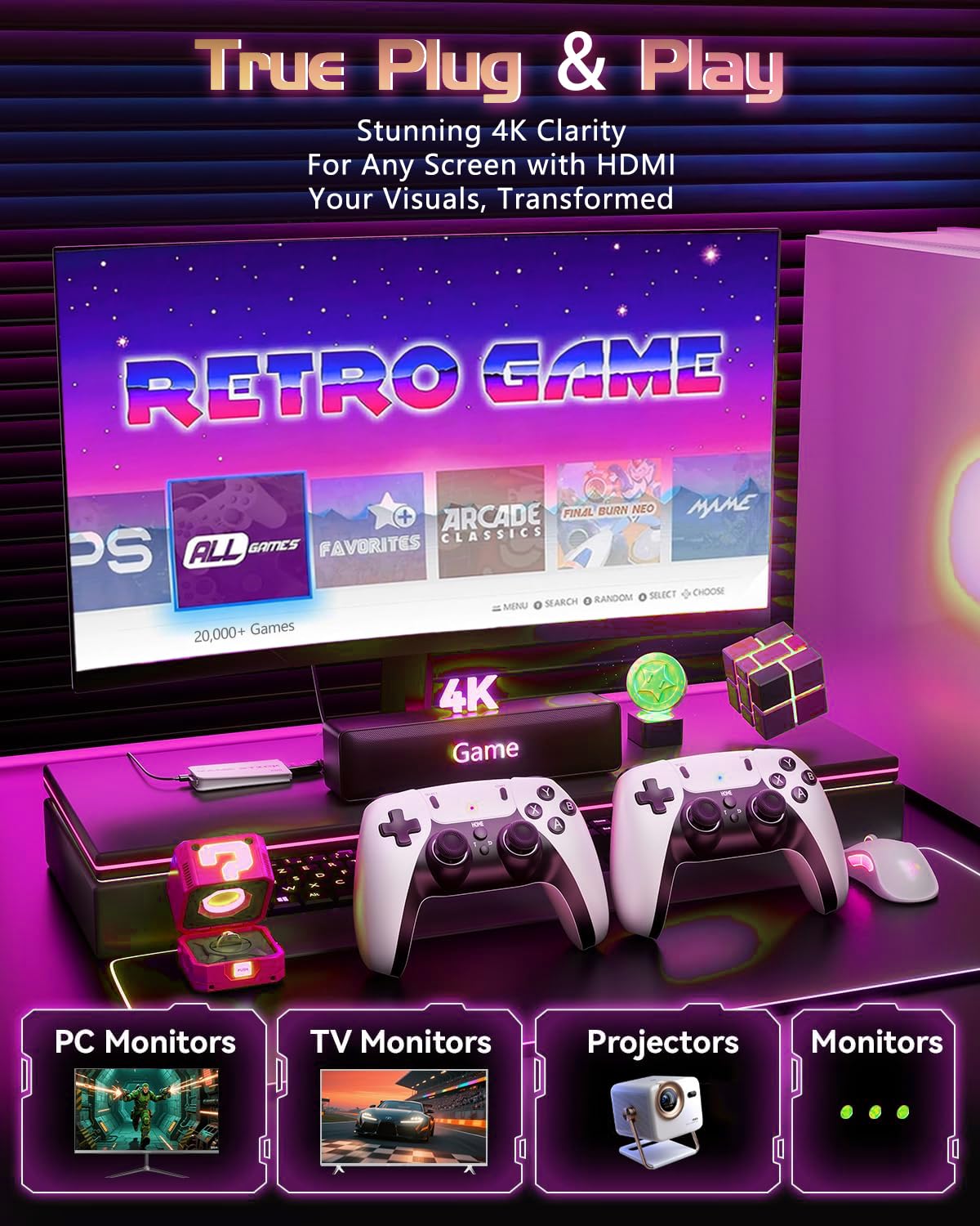 XYELLOWICON Retro-Spielkonsole 2026 mit 20.000+ Spielen, 4K HDMI TV-Stick, 64 GB Speicher, 2 kabellose Controller, 30+ Emulatoren, Plug & Play – Ideal als Geschenk für Jung und Alt – Bild 3