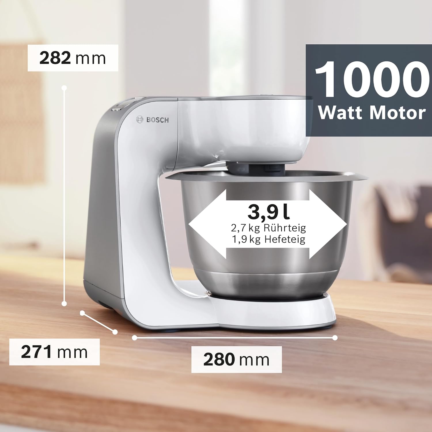 Bosch Küchenmaschine Serie 4, Edelstahl-Schüssel 3,9 L, Knethaken, Schlag- und Rührbesen Edelstahl spülmaschinenfest, Mixer 1,25 L, Durchlaufschnitzler, 3 Scheiben, 1000 W, Weiß, MUM58W20 – Bild 2