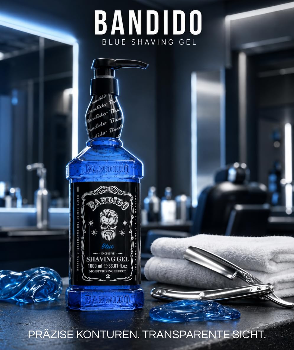 Bandido Shaving Gel Men Red & Blue 1000ml Rasiergel Transparent Männer Rasur Herren nicht-schäumend präzise Rasur der Bartkonturen mit jeder Rasierklinge Rasiermesser Herren verwendbar (Blue 1000ml) – Bild 7