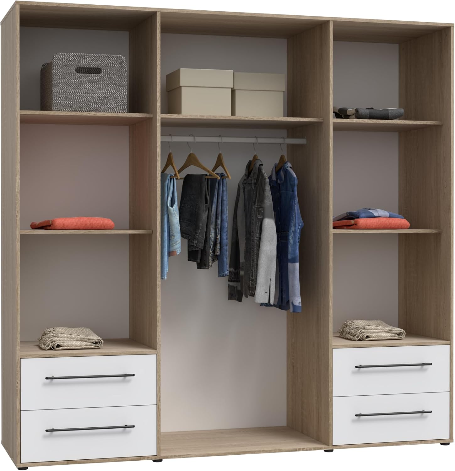 FORTE Jupiter Schrank 200 210, Kleiderschrank, Drehtürenschrank, 4-türig, mit 4 Schubladen und Einlegeböden, Weiß mit Holz Dekor: Sonoma Eiche, 206 cm breit x 59 cm tief x 200 cm hoch – Bild 9