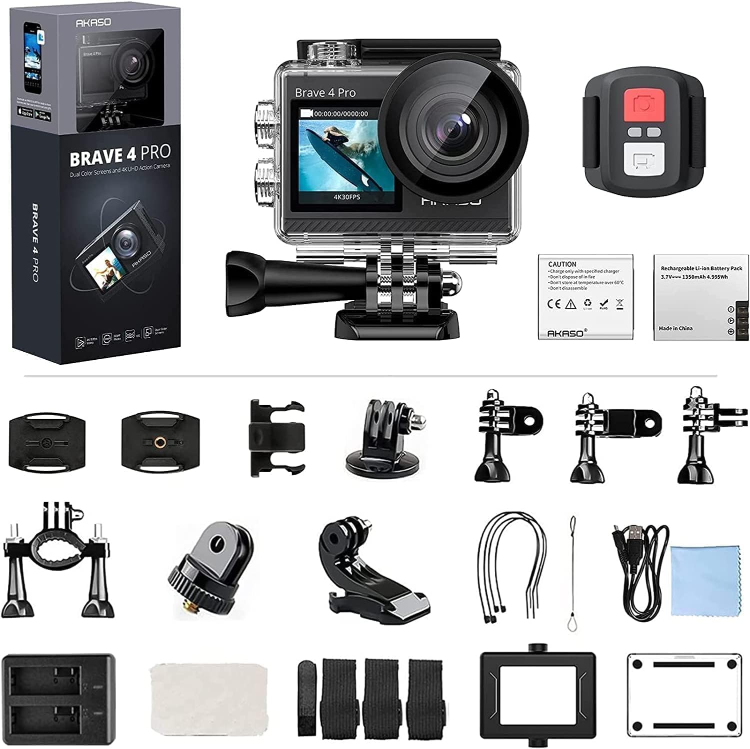 AKASO Action Cam 4K 20MP WiFi 40M Unterwasserkamera Ultra HD Touchscreen 170 ° Einstellbar Weitwinkel, EIS Stabilisierung, 5X Zoom, 2.4G Fernbedienung und 2 Akkus 1350mAh- Brave 4 Pro (Grau) – Bild 9
