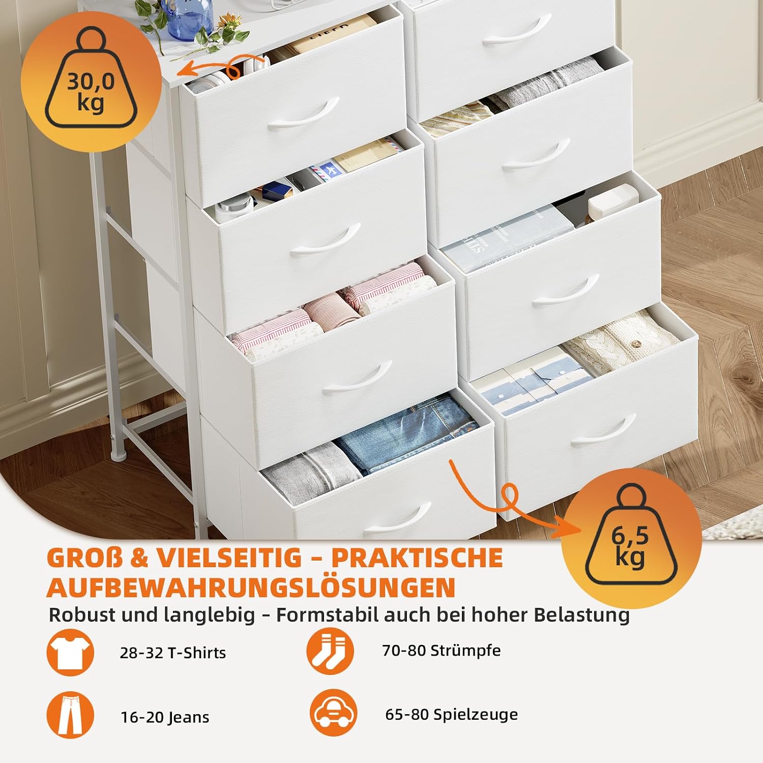 Somdot Kommode mit 8 Stoffschubladen, Schlafzimmer, Weiß – Bild 5