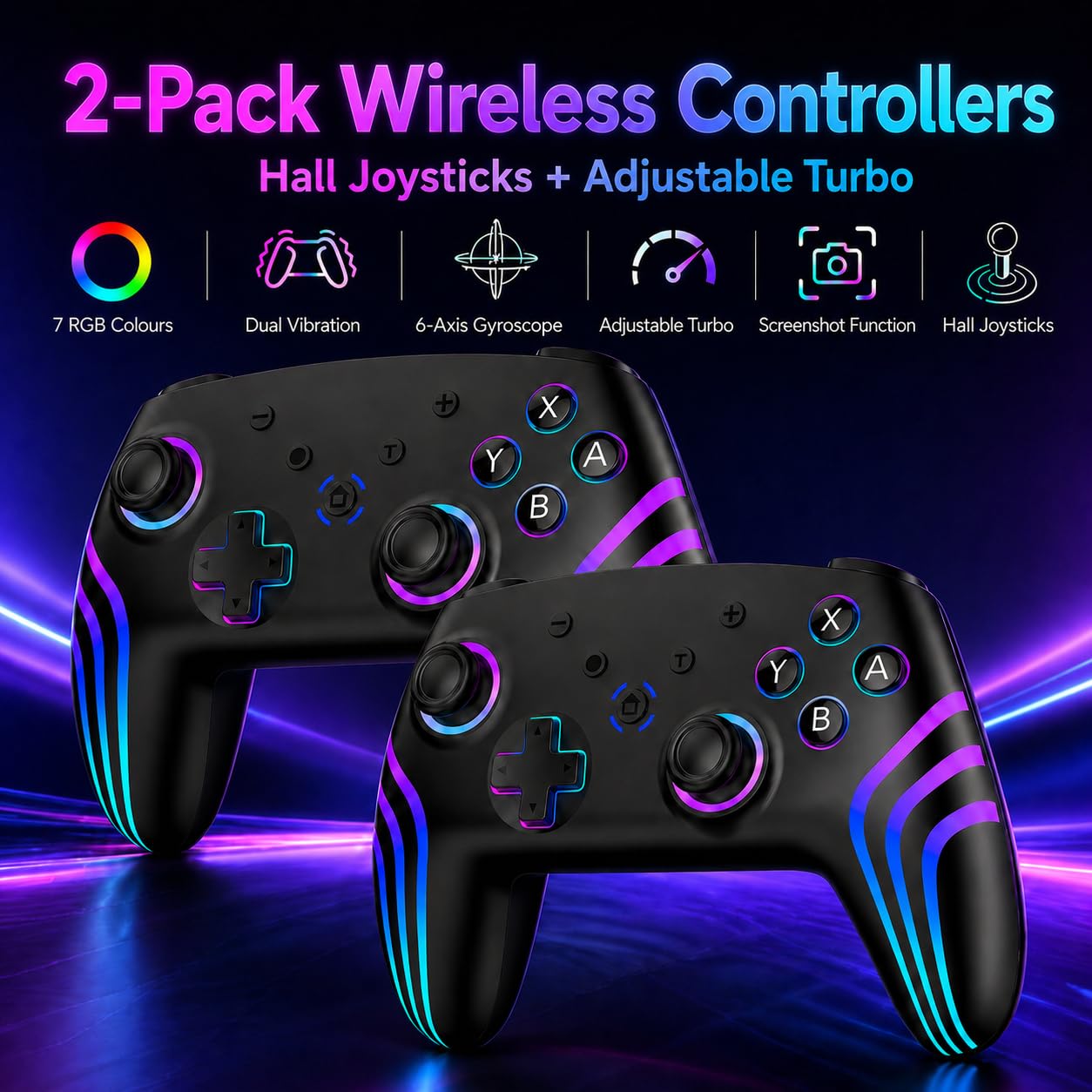 Riscvma 2pcs Switch 2 Controller für Switch/Switch 2/Lite/OLED/PC, Controller für Switch mit 7 Farbwechselnde RGB Beleuchtung/Dual Vibration/6 Achsen Gyroskop/Turbo, Ergonomisch Präzise Joystick – Bild 2