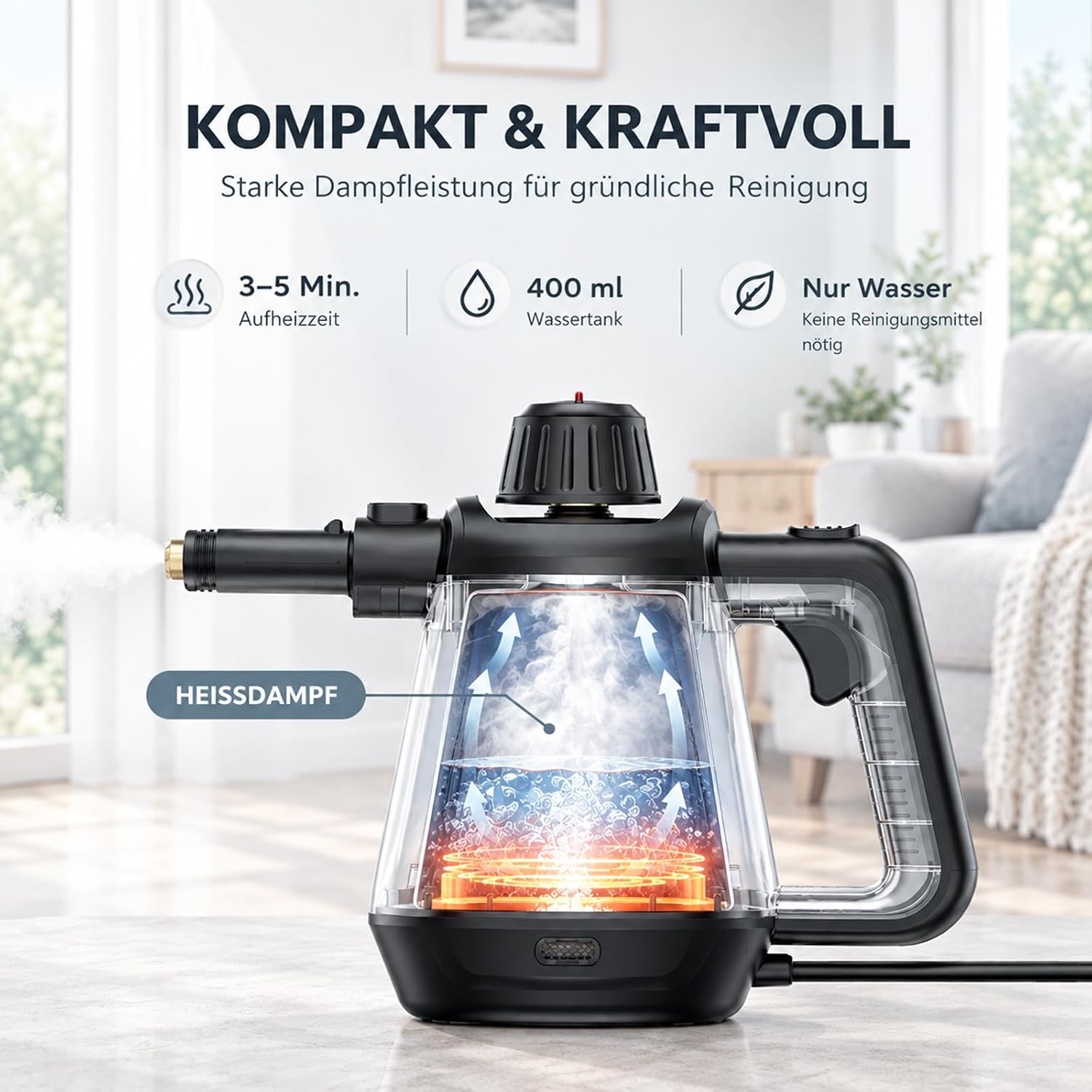 Dampfreiniger, 1200 W, 400 ml Wassertank, 13 Zubehörteile, Handgerät – Bild 5