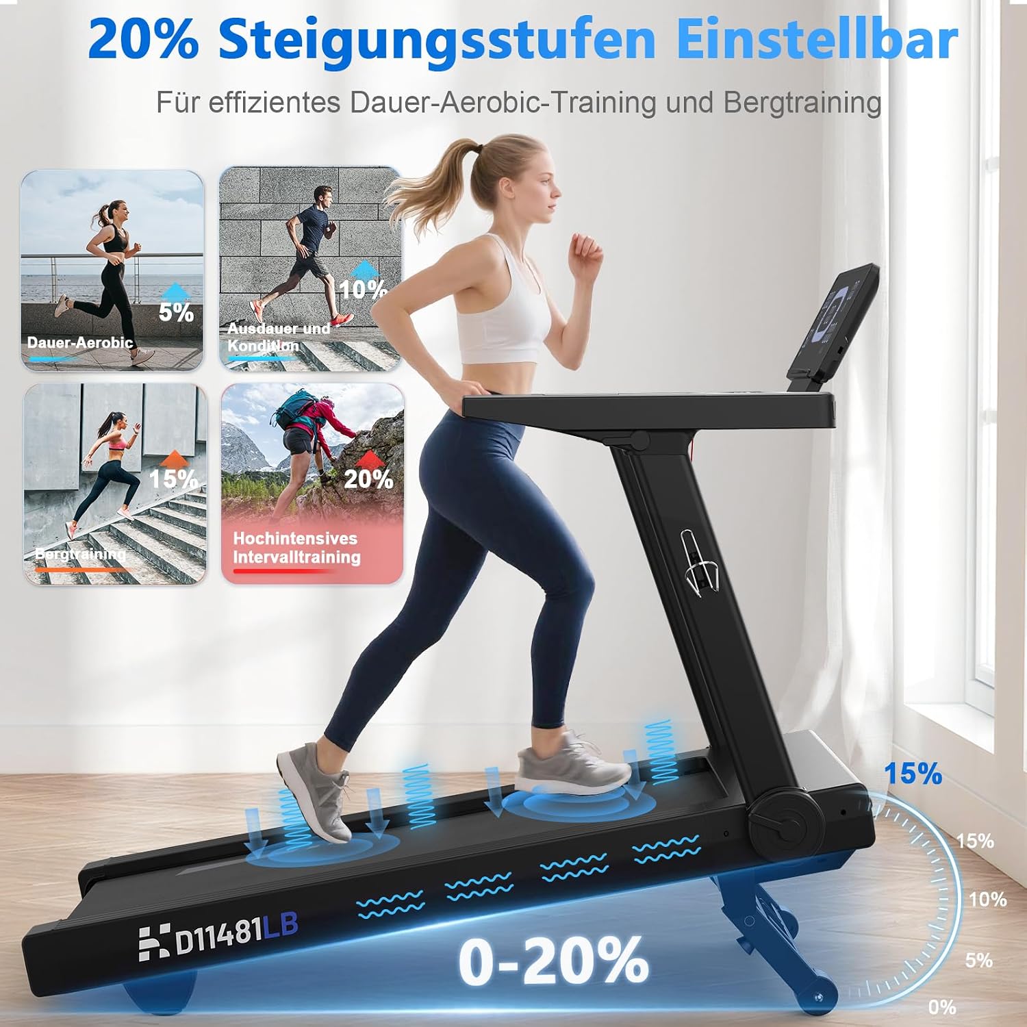 Laufband für Zuhause mit 20% Steigung, 1-20km/h, 7PS,App-kompatibles – Bild 5