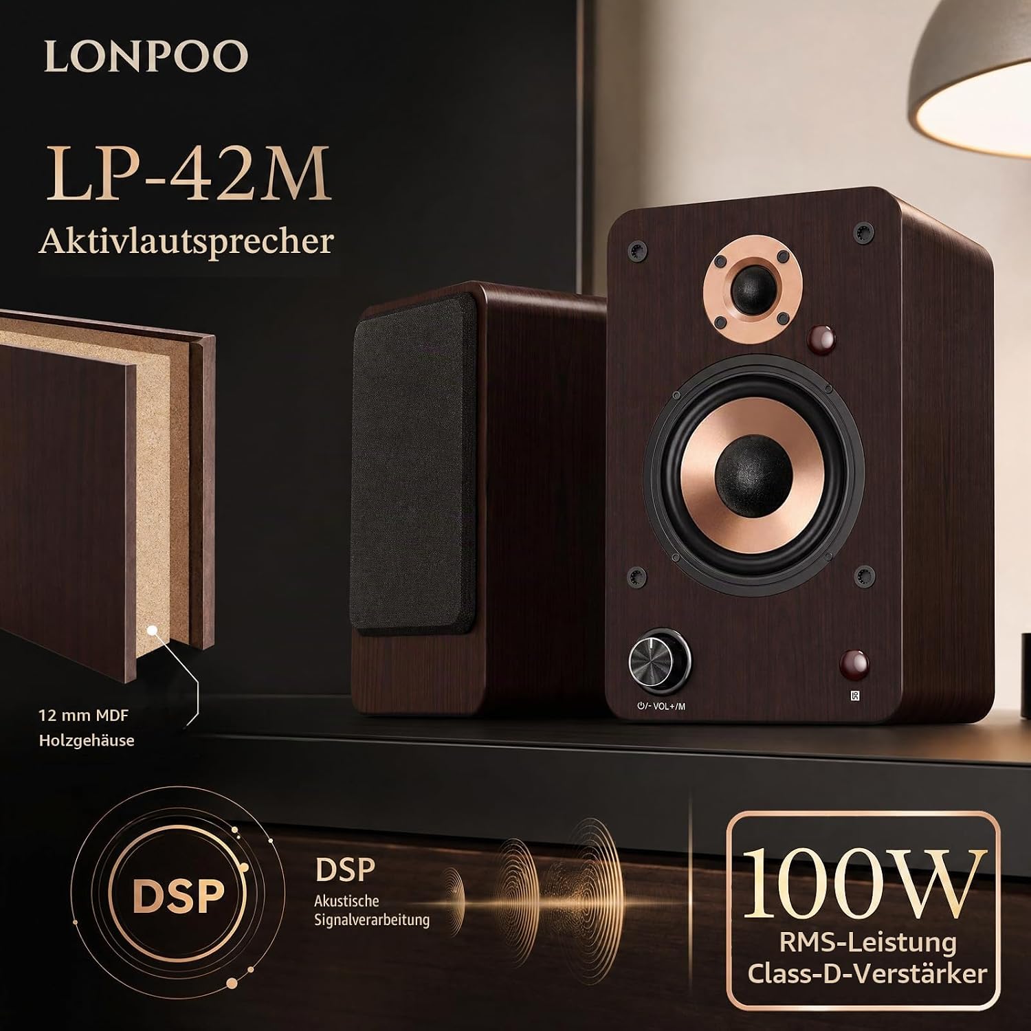 LONPOO Bluetooth Regal-Lautsprecher mit 4'' Woofer 100W Aktiv Lautsprecher – Bild 3
