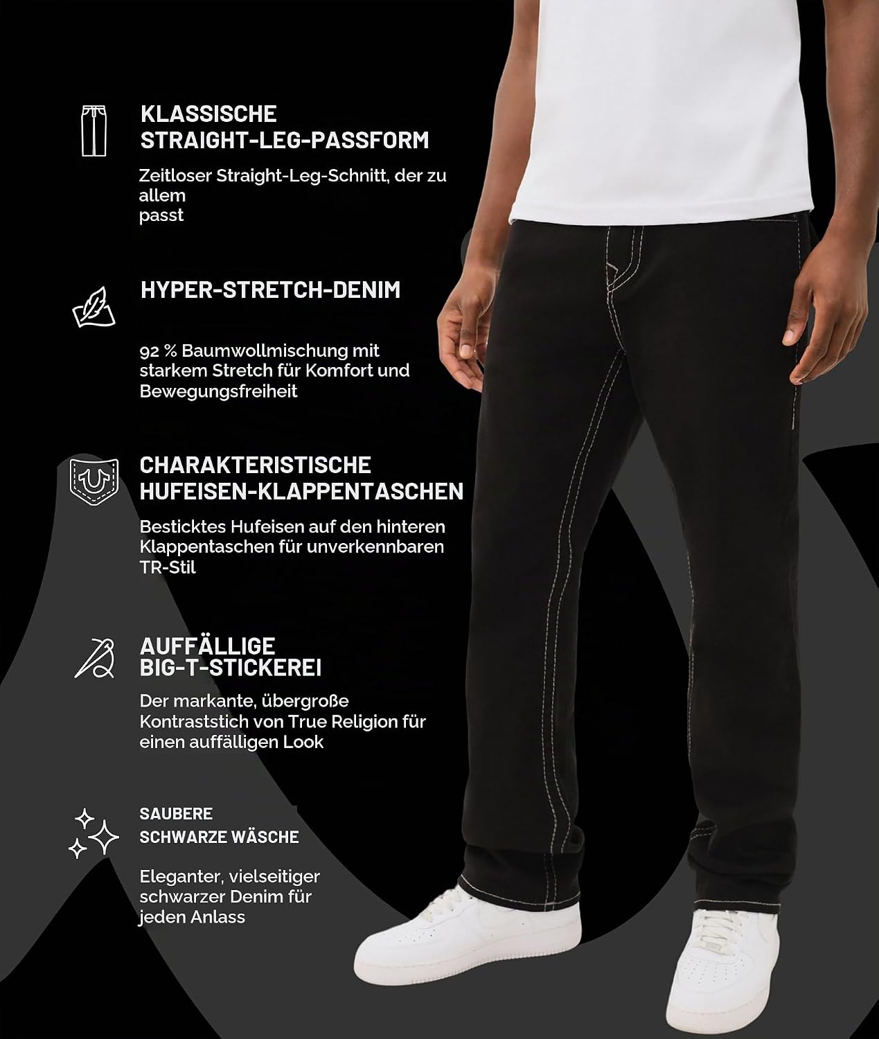 True Religion Herren Jeans 'Ricky Big T Straight Leg' mit Gesäßtaschen mit Patte – Bild 2