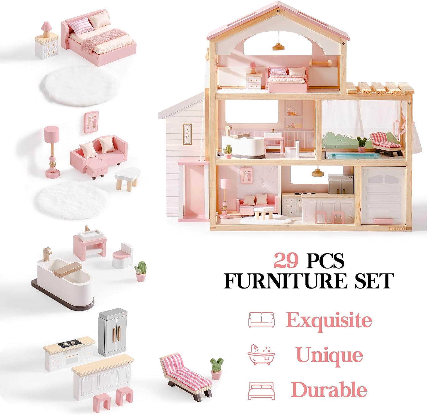 ROBUD Puppenhaus aus Holz,Puppen-Villa mit Möbel,Mit Aufzug, Garage, Pavillon und Schwimmbad,Geschenk für Kinder ab 3, 4, 5, 6 Jahren und älter,Rosa – Bild 3