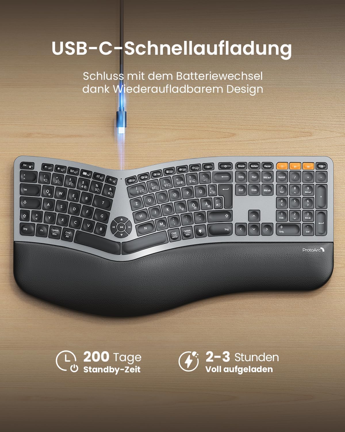 ProtoArc EK01 Plus Beleuchtet Ergonomische Tastatur Kabellos, Full Size – Bild 8