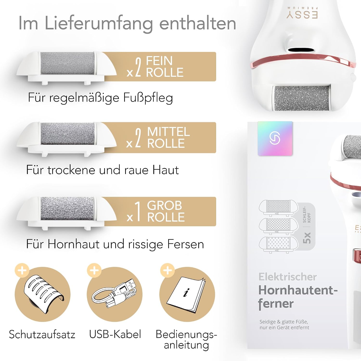 Essy Elektrische Fußfeile Wiederaufladbar mit 5 Austauschwalzen (Weiß) – Bild 6