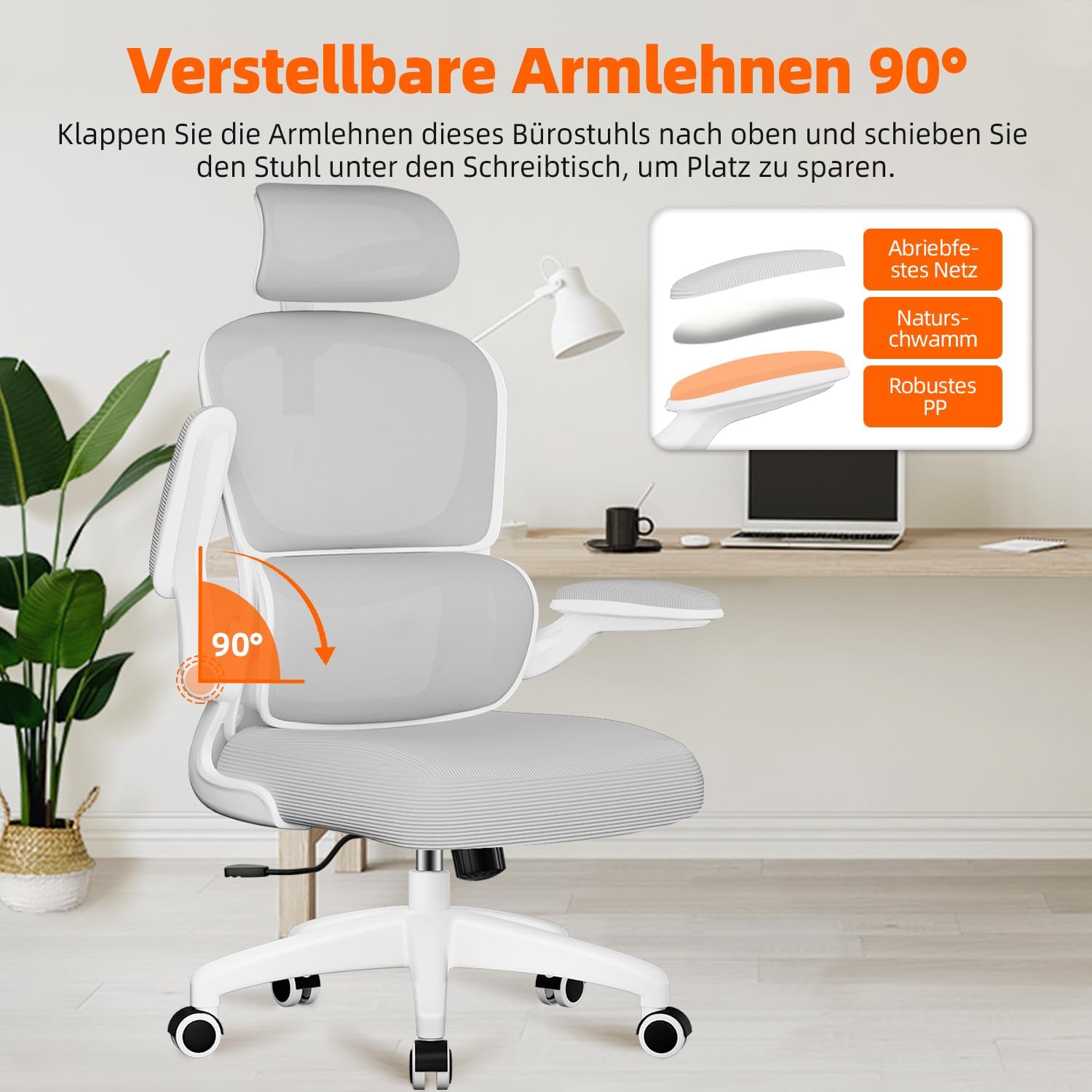 Bürostuhl, Bürostuhl Ergonomisch mit Klappbaren Armlehnen und Lendenwirbelstütze, Verstellbarer Kopfstütze, Wippfunktion bis 135°, Schreibtischstuhls 150 kg, Geeignet für Homeoffice und Gaming, Grau – Bild 7