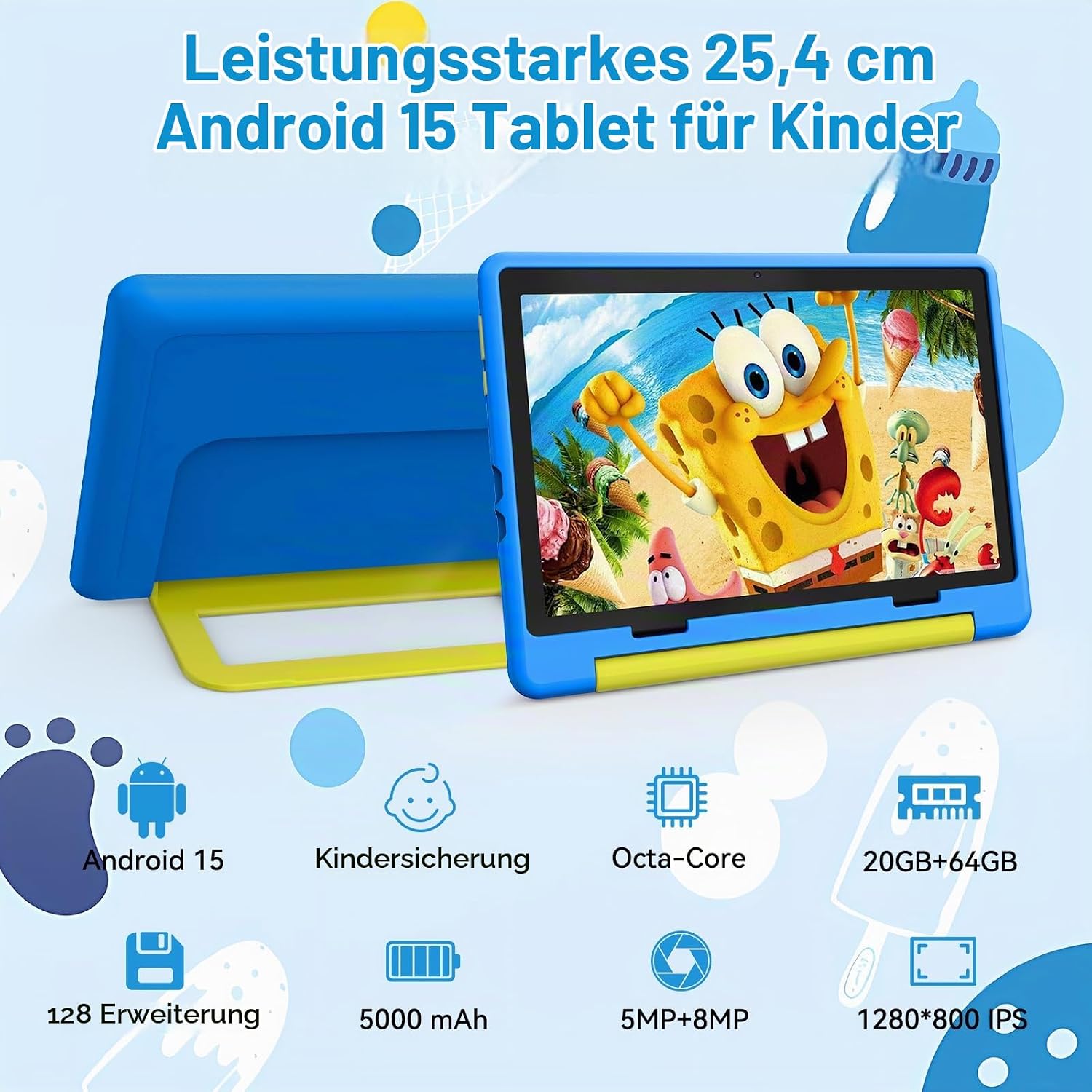 Kinder Tablet 10 Zoll, Android Tablet für Kinder mit 20 GB RAM+64GB ROM(TF 1TB), Octa Core, Wi-Fi 6G, Widevine L1, 5000mAh, Type-C, Sturzsicherer Schutzhülle Blau – Bild 2