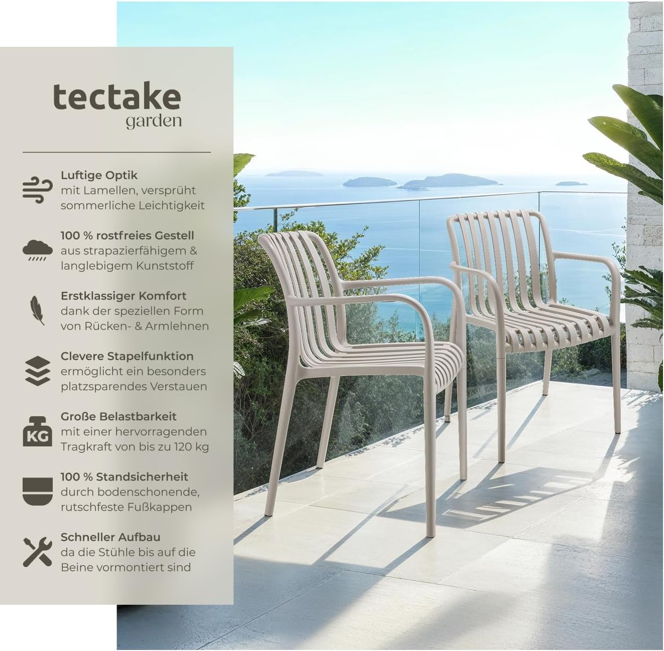 tectake® Gartenstühle stapelbar, Gartenmöbel Set, Balkon Möbel, Bistro Set, Sessel, Outdoor Möbel, Balkonmöbel, Terrassenmöbel - Taupe, 4er Set – Bild 4
