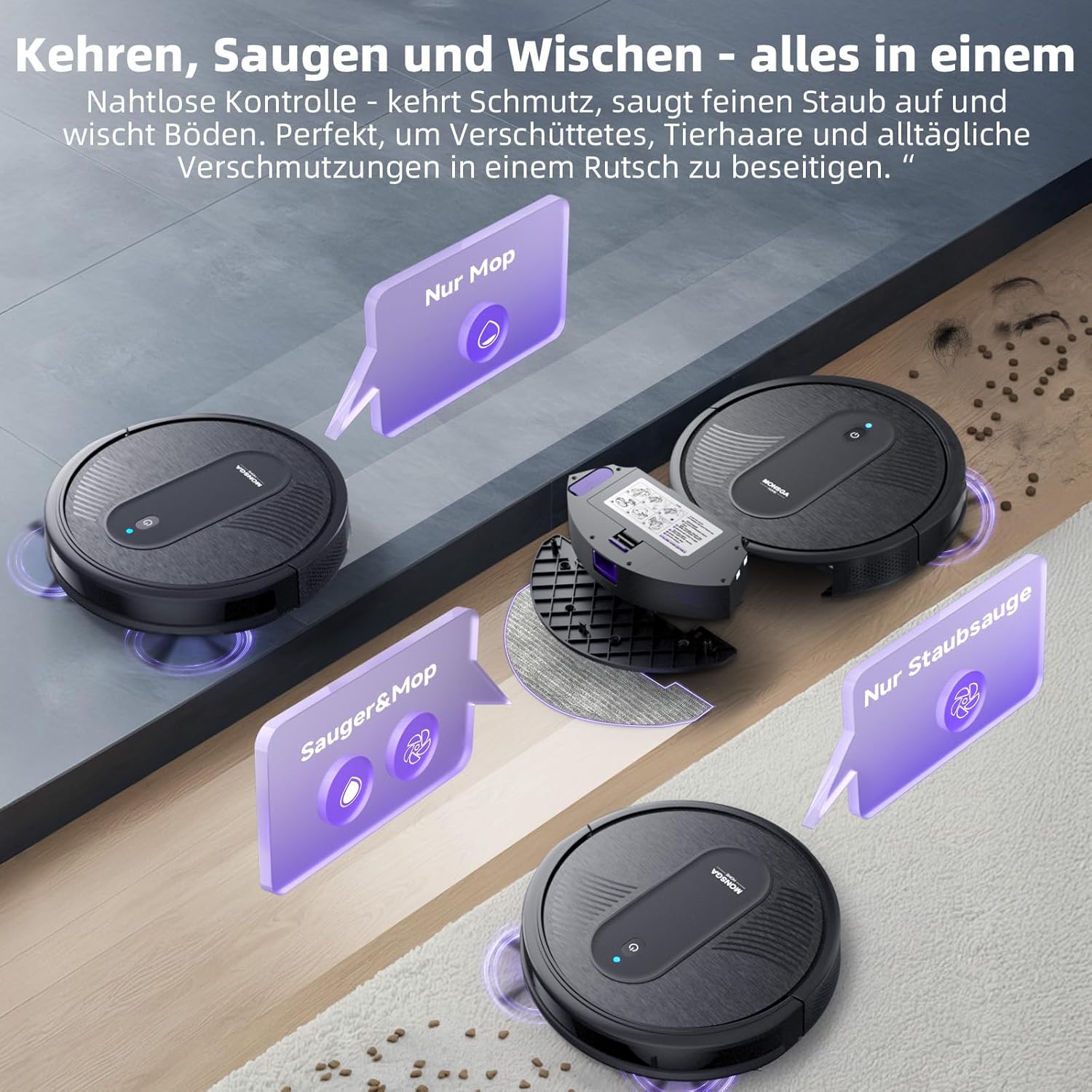 MONSGA Saugroboter mit Wischfunktion, 5000 Pa Saugkraft, 140 Min.Laufzeit – Bild 3
