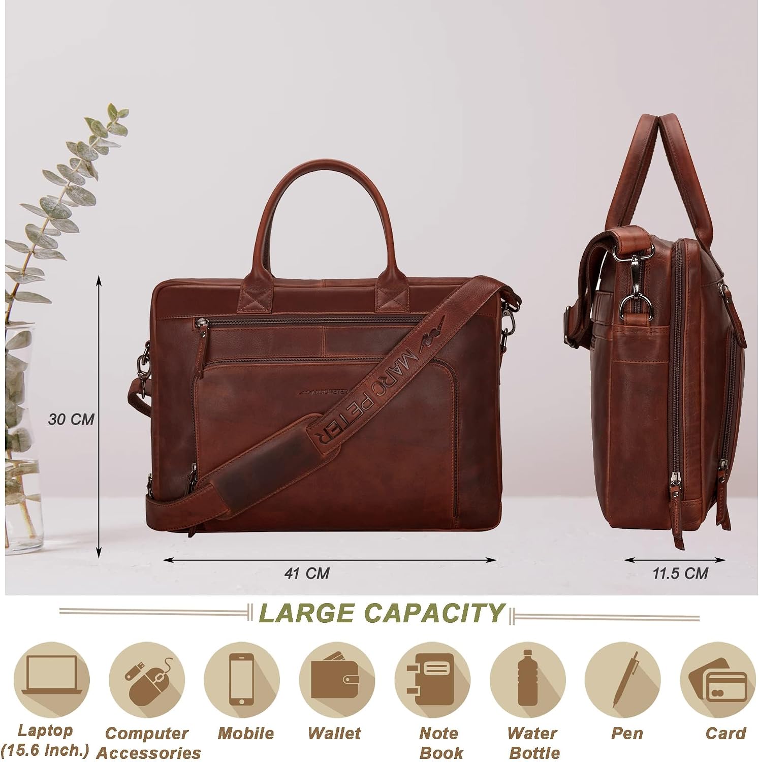 Marc Peter® Hamilton Businesstasche Herren Leder 15,6 Zoll | Leder Laptoptasche | Groß Aktentasche Umhängetasche aus Vintage Rindsleder – Bild 6