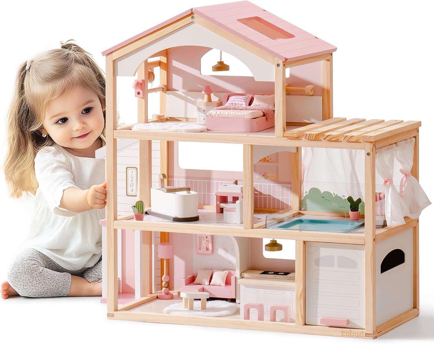 ROBUD Puppenhaus aus Holz,Puppen-Villa mit Möbel,Mit Aufzug, Garage, Pavillon und Schwimmbad,Geschenk für Kinder ab 3, 4, 5, 6 Jahren und älter,Rosa – Bild 8
